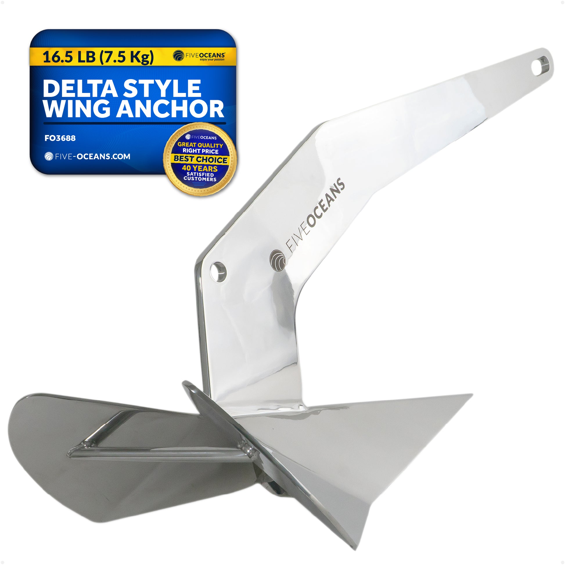 16.5 Lb Delta Style Wing Anchor, Stainless Steel - FO3688 - Five Oceans