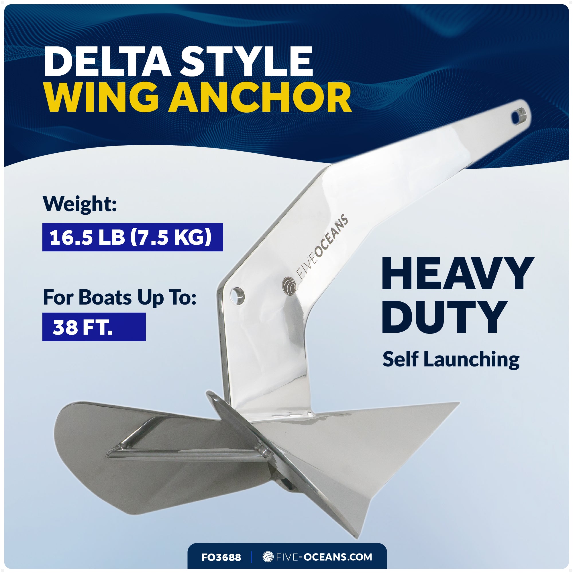 16.5 Lb / 7.5 Kg. Delta Anchor, AISI316 Stainless Steel - FO3688 - Five Oceans