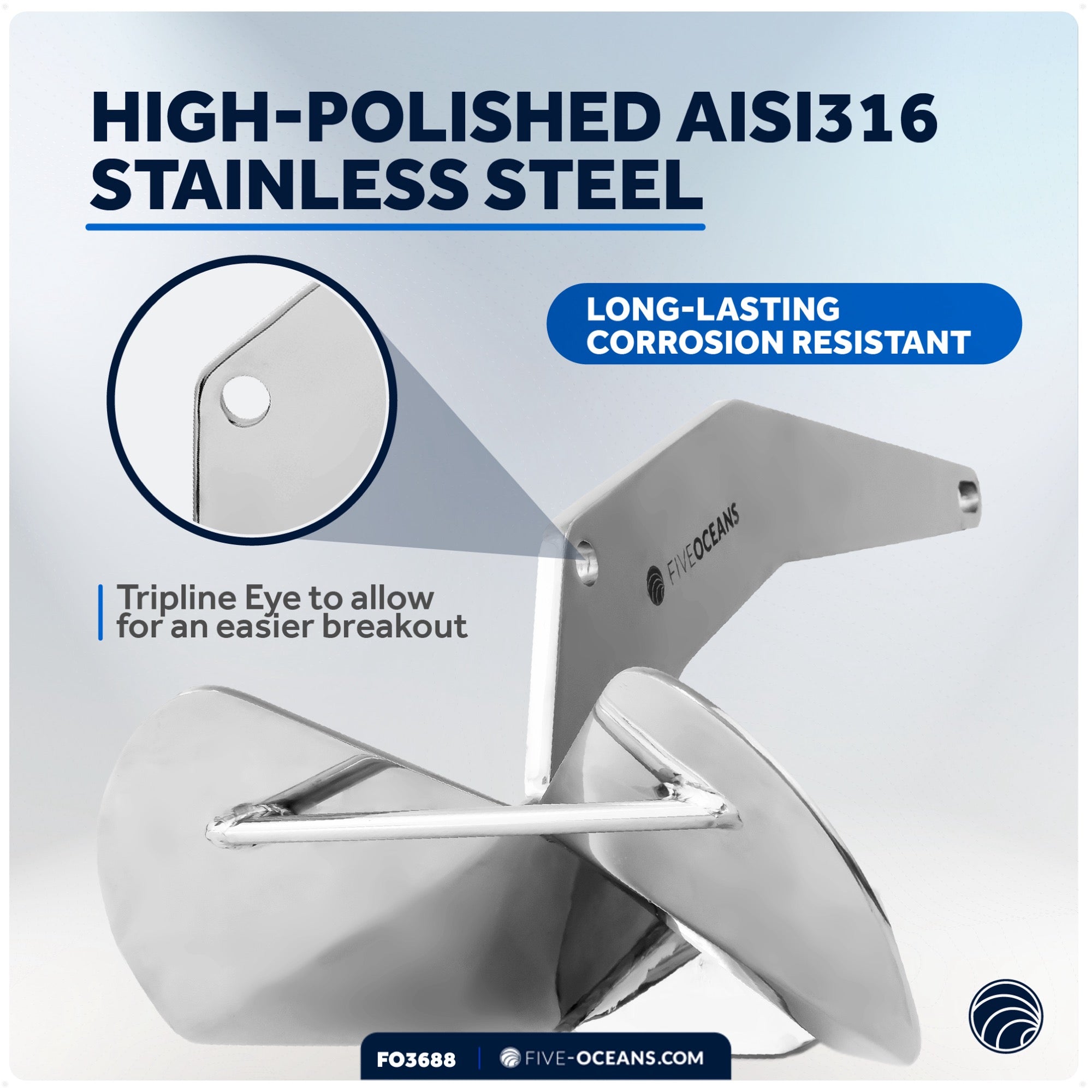 Delta Style Wing Anchor, 16.5 Lb Stainless Steel - FO3688 - Five Oceans