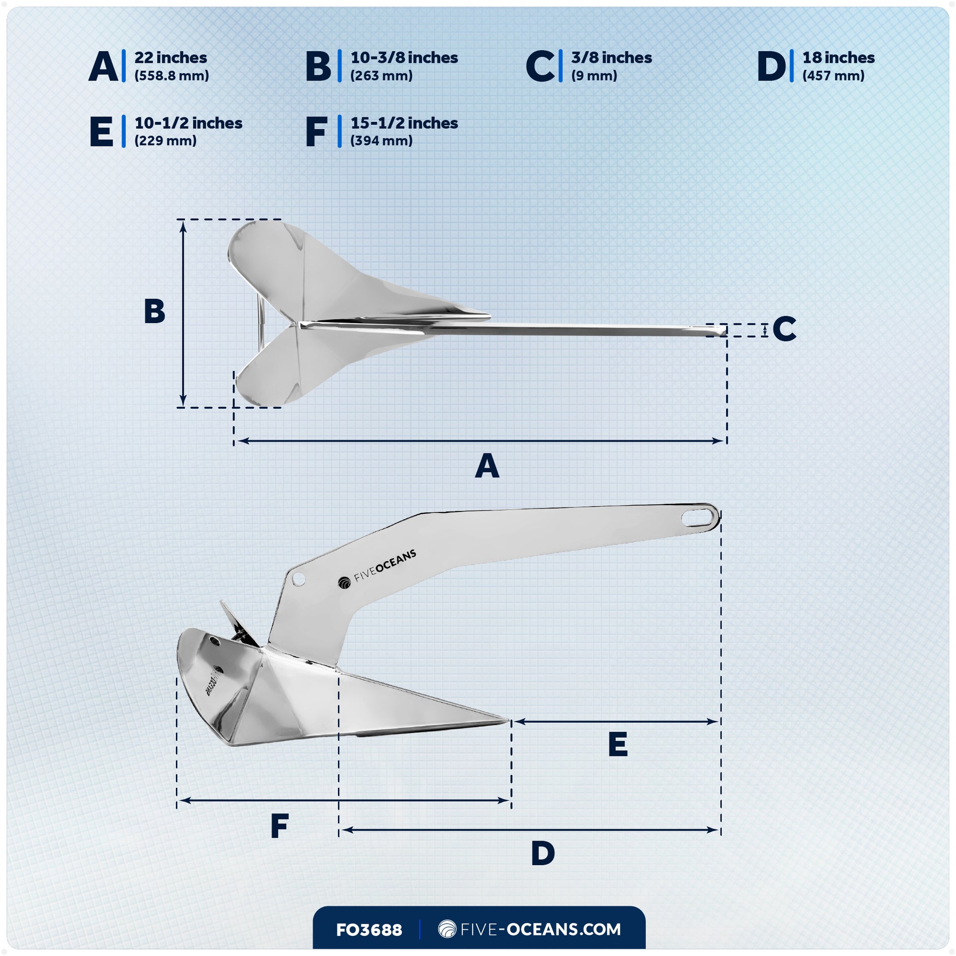 16.5 Lb Delta Style Wing Anchor, Stainless Steel - FO3688 - Five Oceans