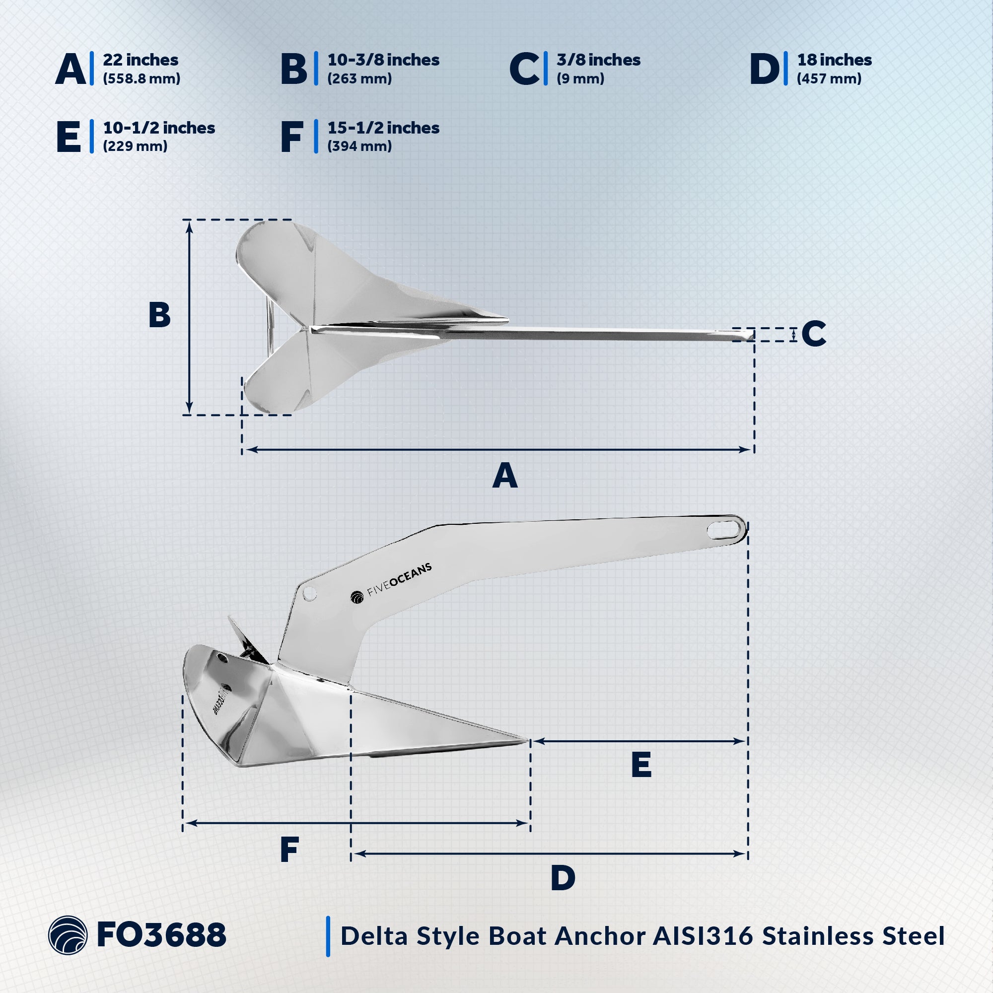 Delta Style Wing Anchor, 16.5 Lb Stainless Steel - FO3688 - Five Oceans