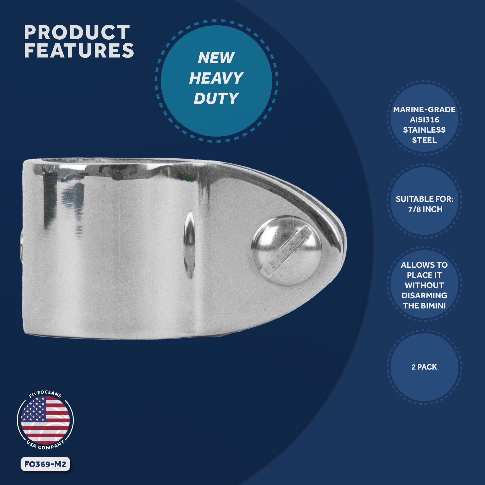 Bimini Top Hardware 7/8" Jaw Slide, AISI316 Stainless Steel - 2-Pack - FO369-M2 - Five Oceans