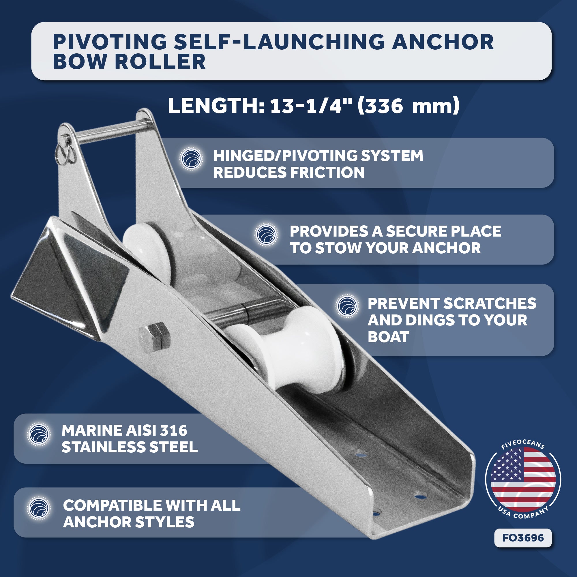 Pivoting Self-launching Anchor Bow Roller, Length 13-1/4", Stainless Steel - FO3696 - Five Oceans