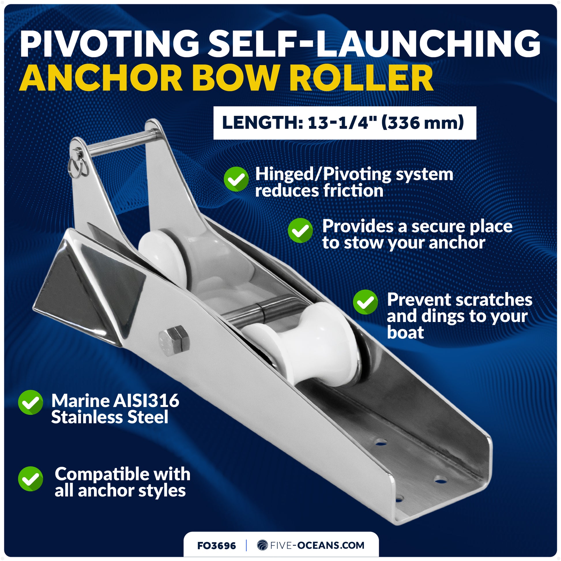 13-1/4" Hinged Self-Launching Anchor Bow Roller, AISI316 Stainless Steel - FO3696 - Five Oceans