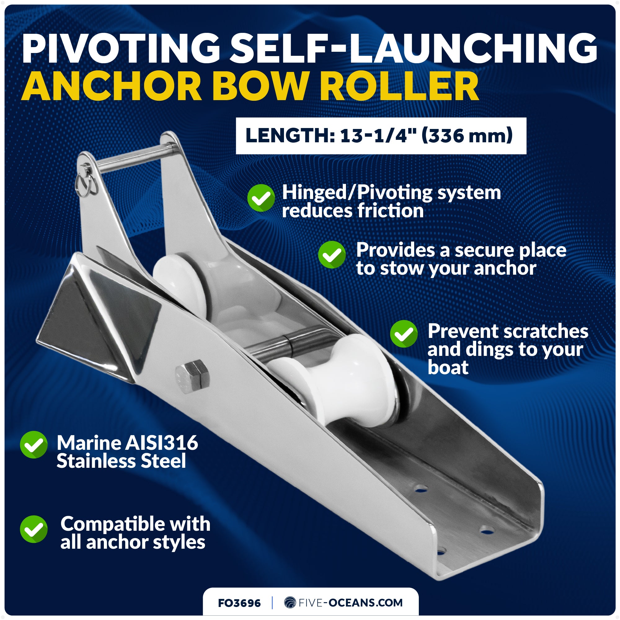 13-1/4" Hinged Self-Launching Anchor Bow Roller, AISI316 Stainless Steel - FO3696 - Five Oceans