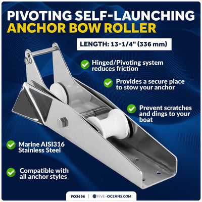 13-1/4" Hinged Self-Launching Anchor Bow Roller, AISI316 Stainless Steel - FO3696 - Five Oceans