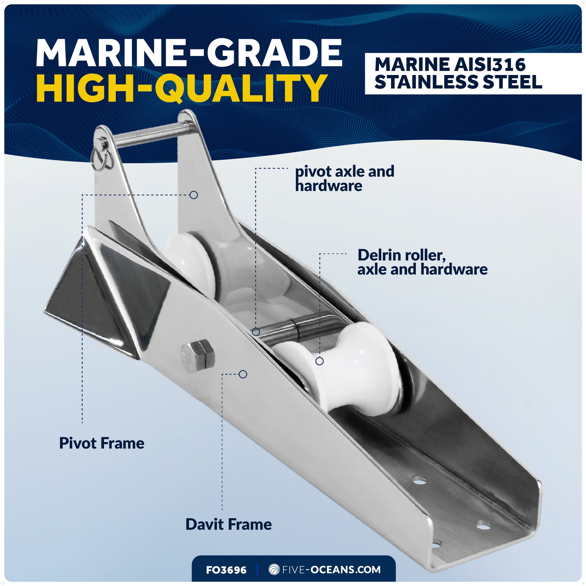 13-1/4" Hinged Self-Launching Anchor Bow Roller, AISI316 Stainless Steel - FO3696 - Five Oceans