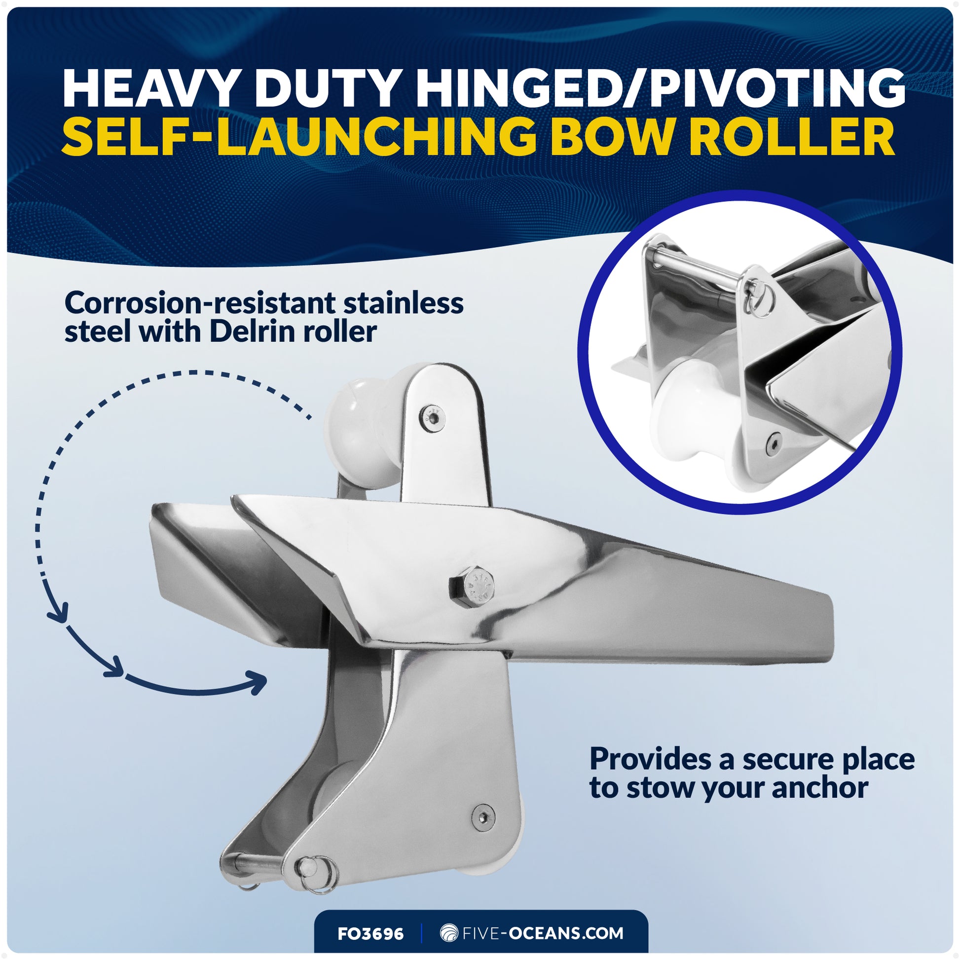 13-1/4" Hinged Self-Launching Anchor Bow Roller, AISI316 Stainless Steel - FO3696 - Five Oceans