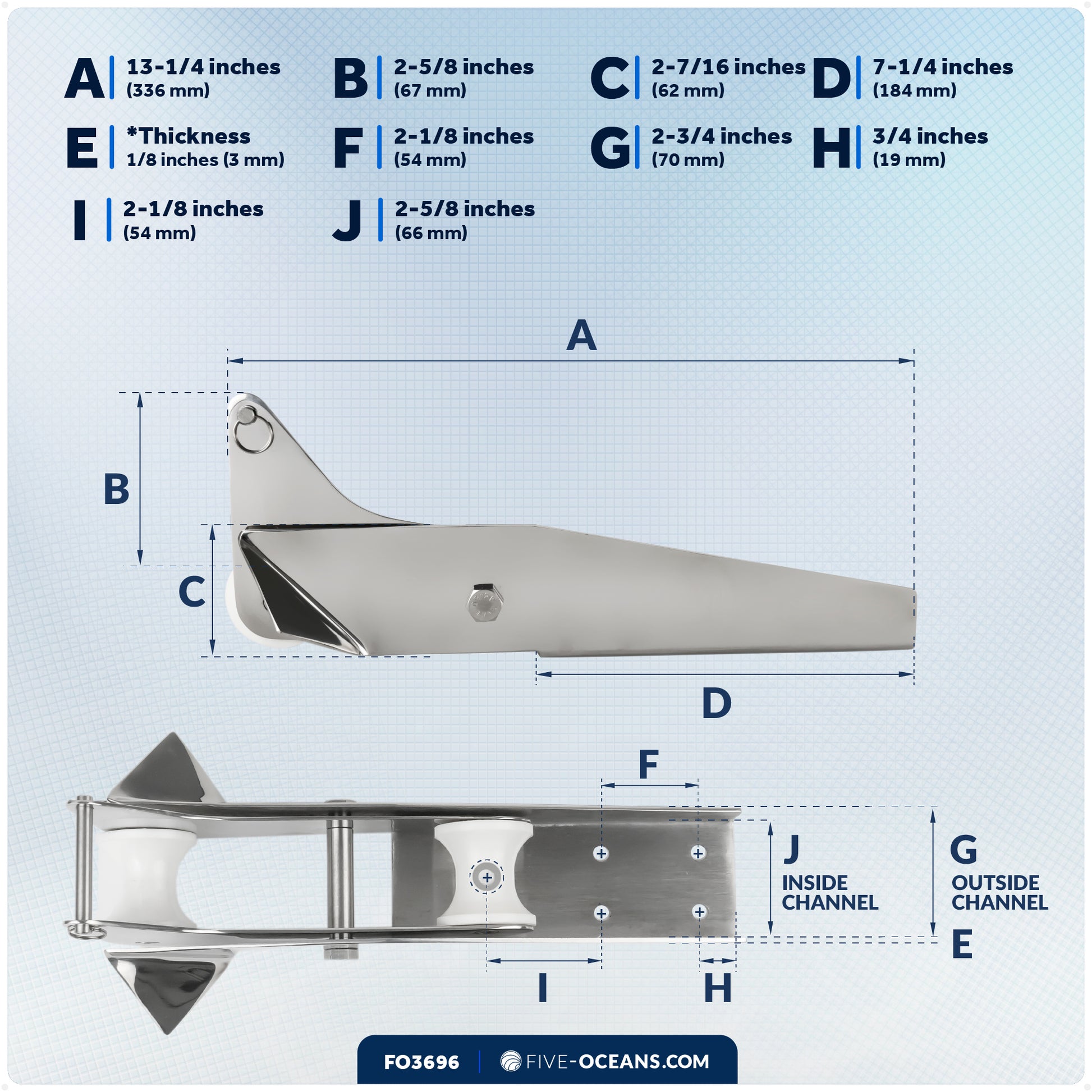 13-1/4" Hinged Self-Launching Anchor Bow Roller, AISI316 Stainless Steel - FO3696 - Five Oceans
