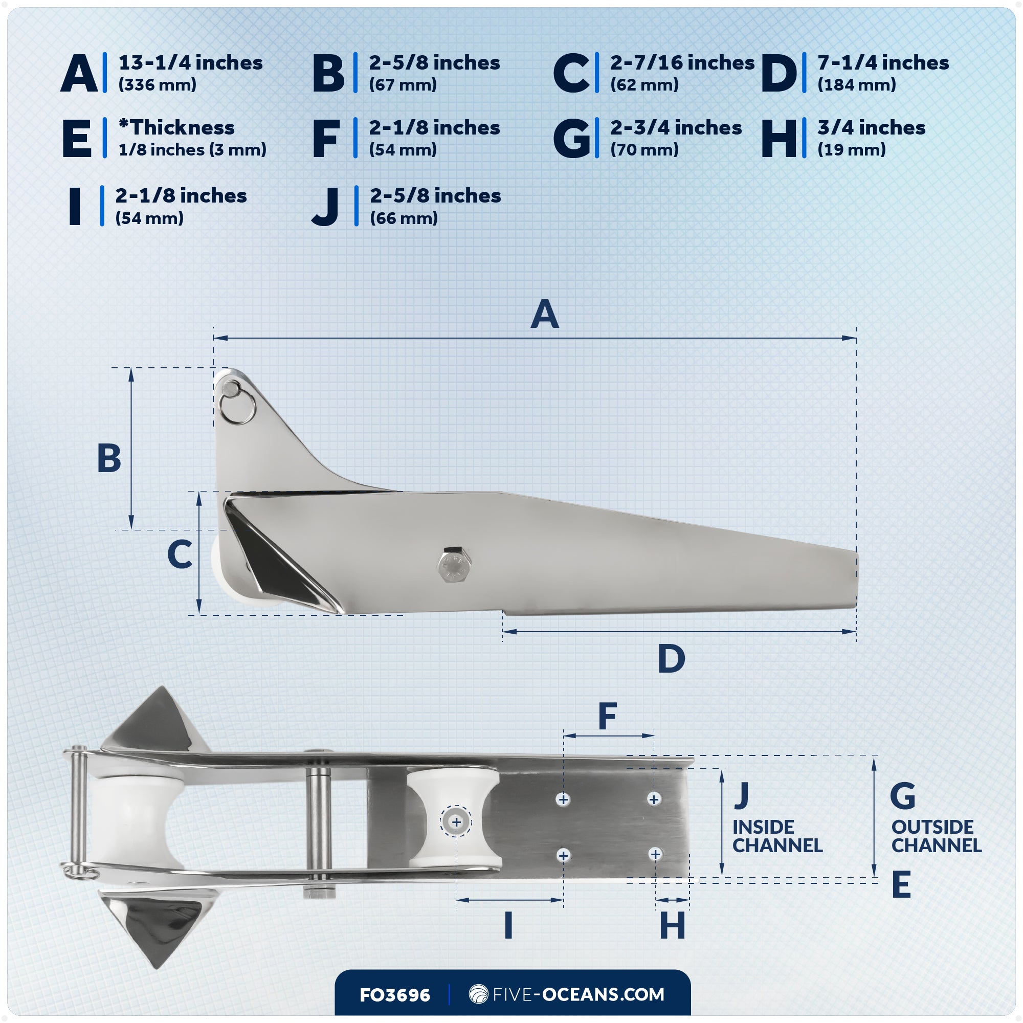 13-1/4" Hinged Self-Launching Anchor Bow Roller, AISI316 Stainless Steel - FO3696