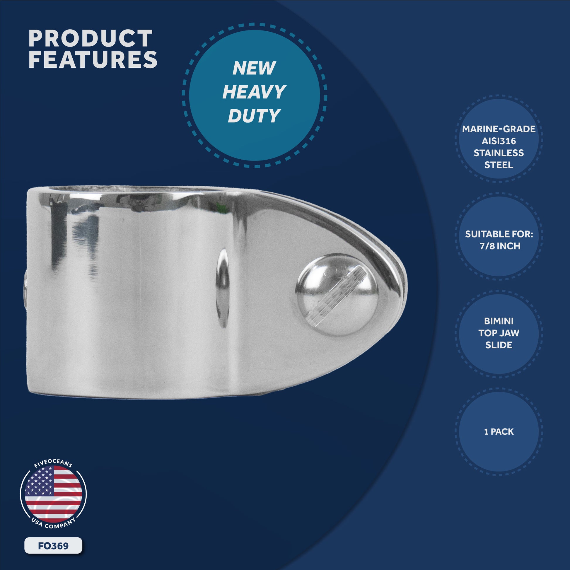 Bimini Top Hardware 7/8" Jaw Slide, AISI316 Stainless Steel - FO369 - Five Oceans