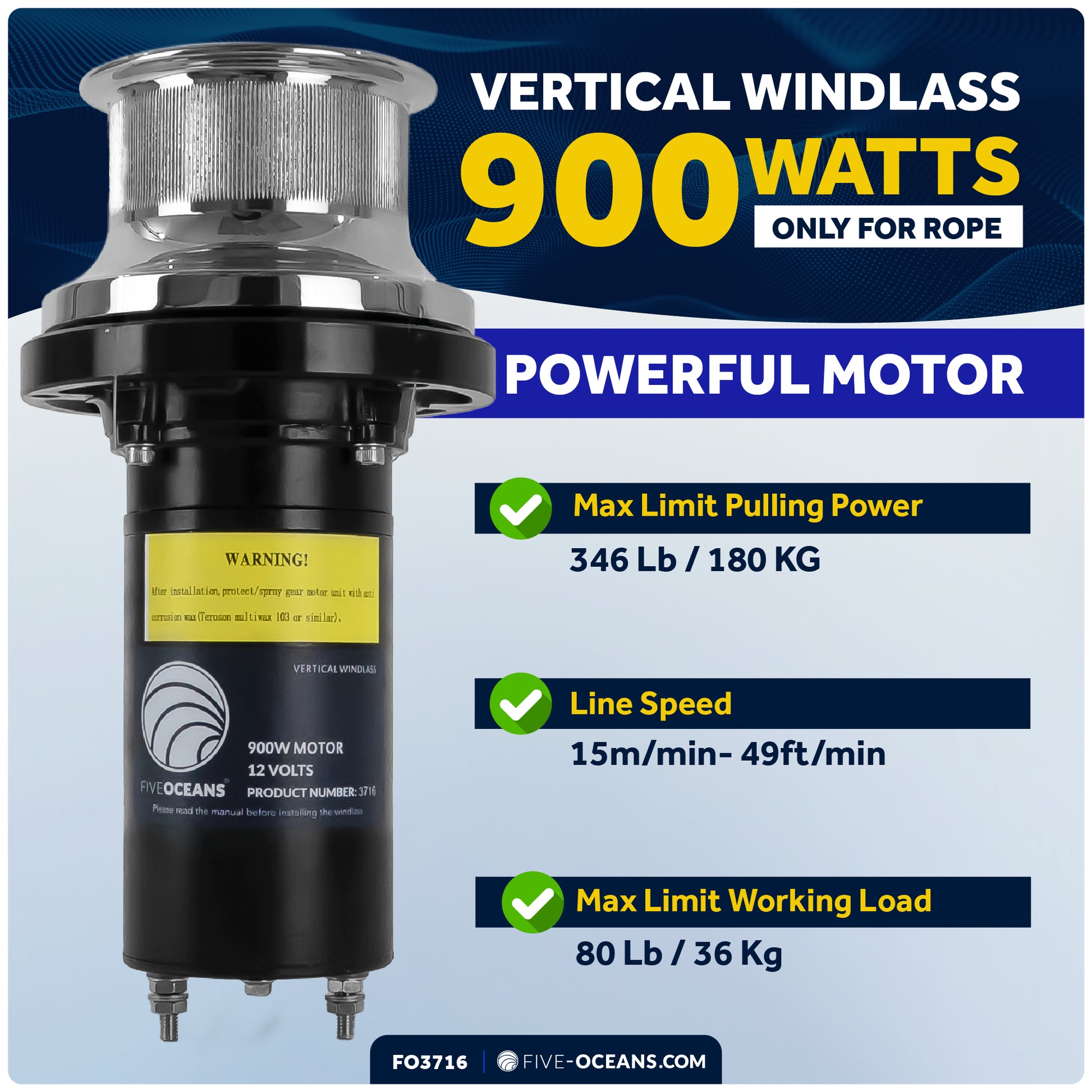 Vertical Capstan Windlass 900W, 12V - Arctic Series - FO3716 - Five Oceans