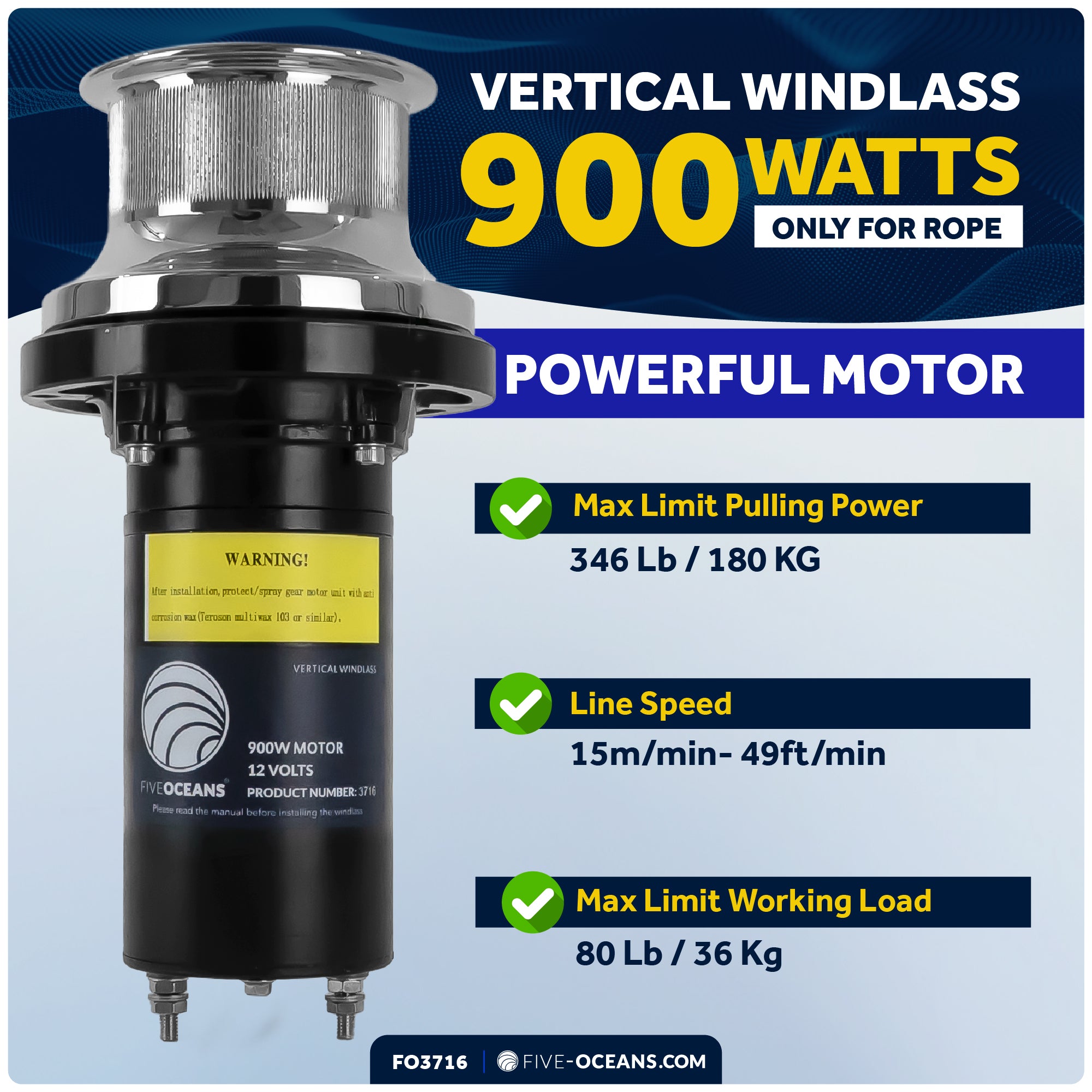 Vertical Capstan Windlass 900W, 12V - Arctic Series - FO3716 - Five Oceans