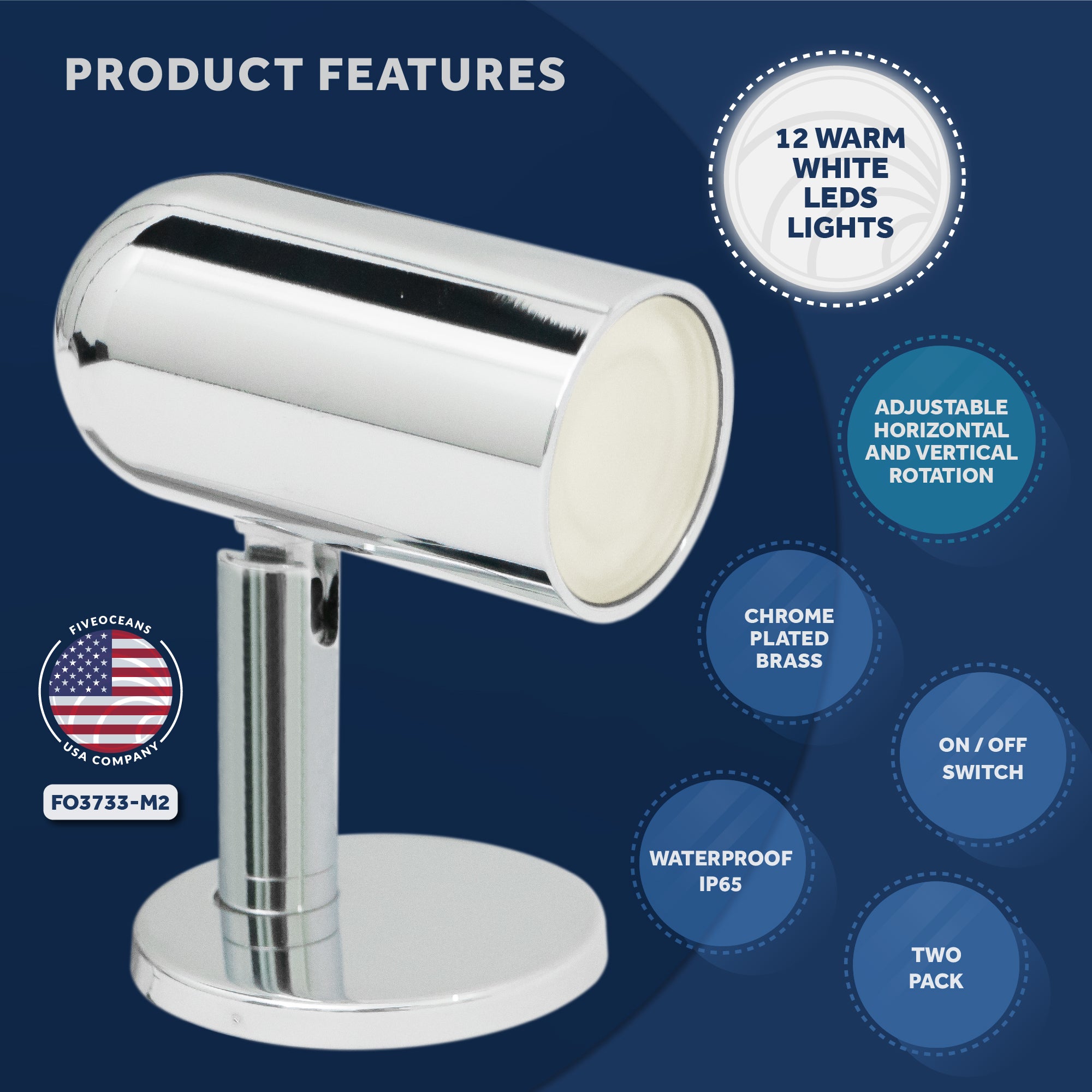 RV LED Reading Light, Warm White, 52 LM, 12-30V DC, 2-Pack - FO3733-M2 - Five Oceans