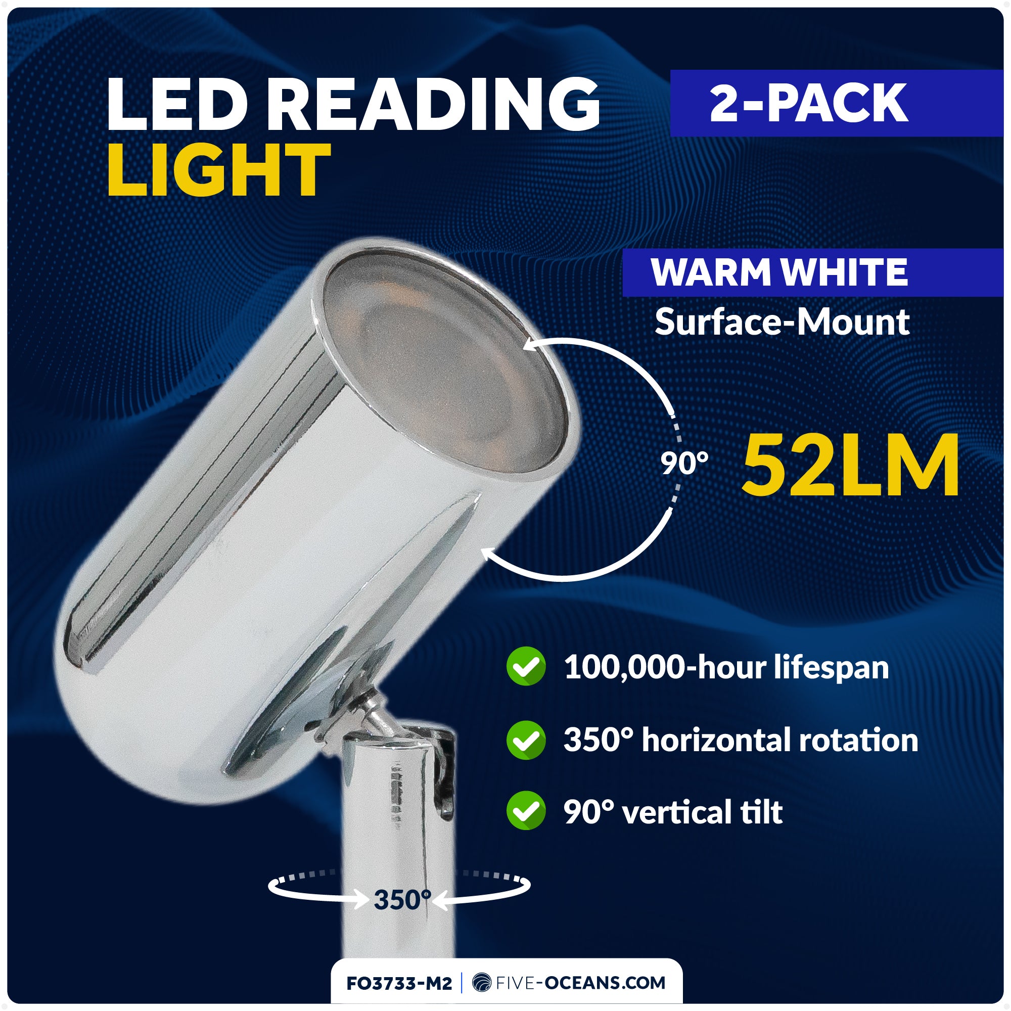 LED Surface-Mount Reading Light, Warm White, High-Quality Chrome Plated Brass, 12-30V, 2-Pack - FO3733-M2 - Five Oceans