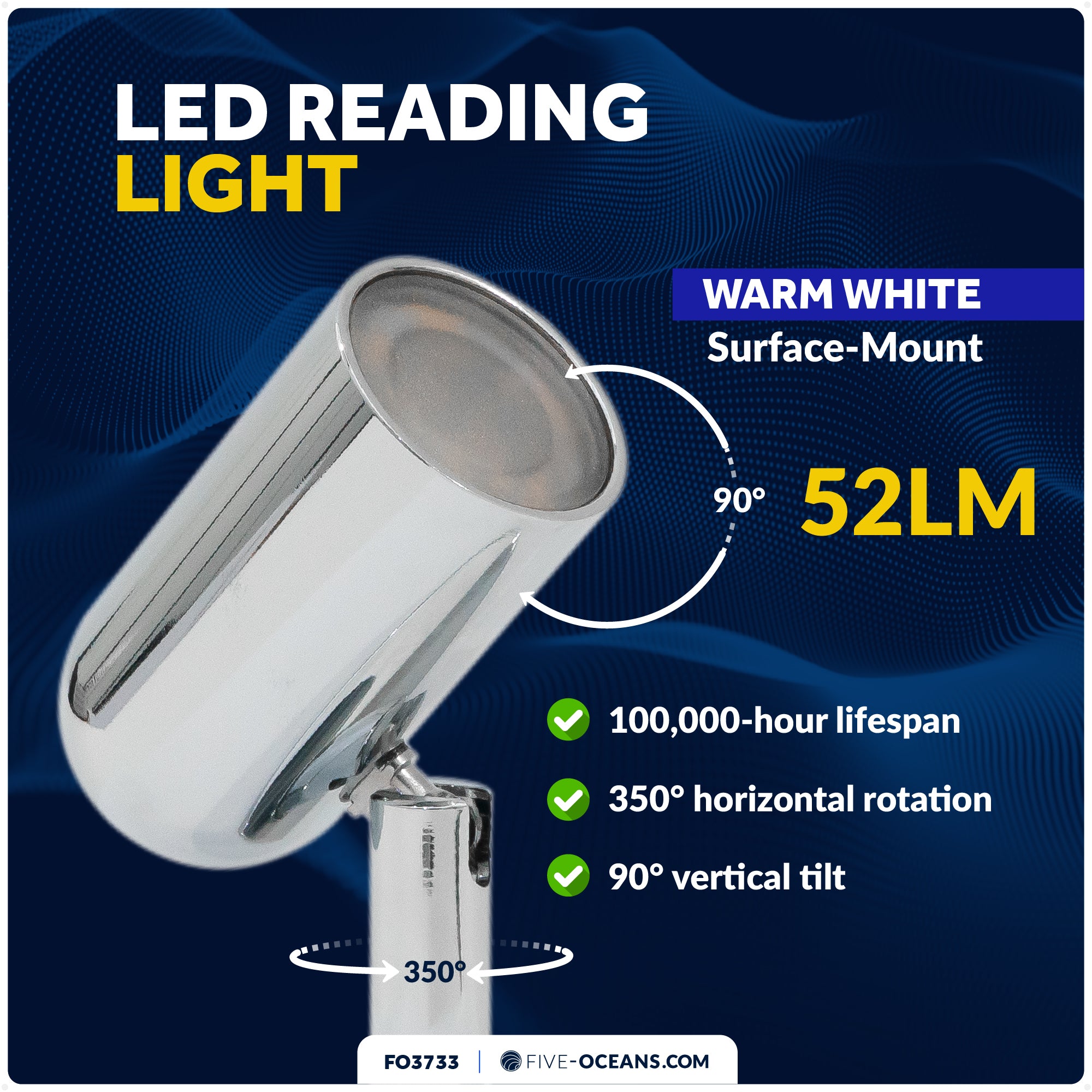 LED Surface-Mount Reading Light, Warm White, High-Quality Chrome Plated Brass, 12-30V - FO3733 - Five Oceans