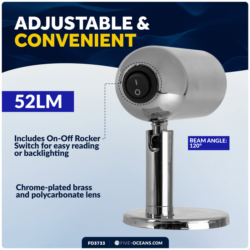 LED Surface-Mount Reading Light, Warm White, High-Quality Chrome Plated Brass, 12-30V - FO3733 - Five Oceans