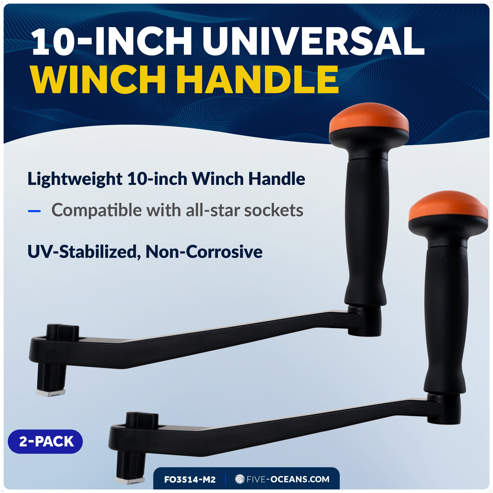 10" Universal Winch Handle Palm Grip, Lock-in Mechanism, Black & Orange, 2-Pack - FO3743-M2 - Five Oceans