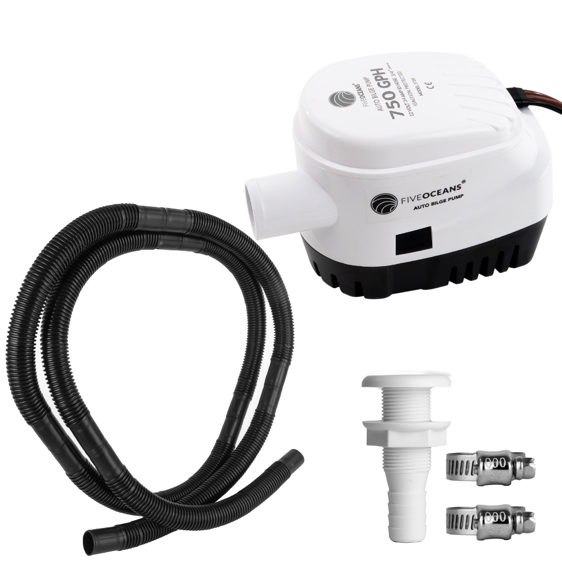 750 GPH / 2839 LPH Automatic Bilge Pump Kit, 12V, with 3/4" (19mm) Hose and Thru-hull Fitting, 41" 18-Gauge Wire - FO3760-C1 - Five Oceans