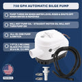 750 GPH / 2839 LPH Automatic Bilge Pump Kit, 12V, with 3/4" (19mm) Hose and Thru-hull Fitting, 41" 18-Gauge Wire - FO3760-C1 - Five Oceans