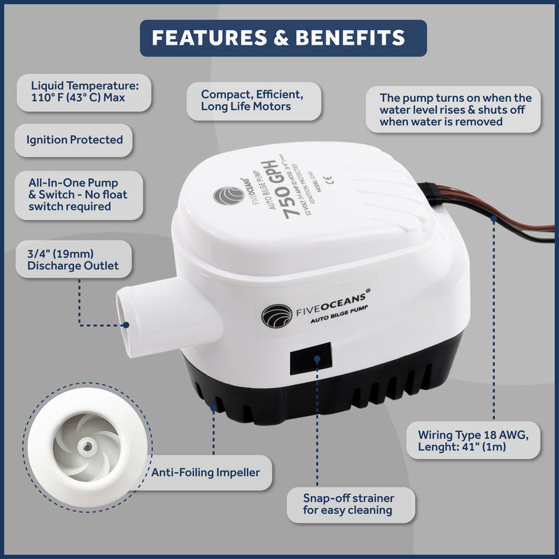 750 GPH / 2839 LPH Automatic Bilge Pump Kit, 12V, with 3/4" (19mm) Hose and Thru-hull Fitting, 41" 18-Gauge Wire - FO3760-C1 - Five Oceans