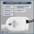 750 GPH / 2839 LPH Automatic Bilge Pump Kit, 12V, with 3/4" (19mm) Hose and Thru-hull Fitting, 41" 18-Gauge Wire - FO3760-C1 - Five Oceans