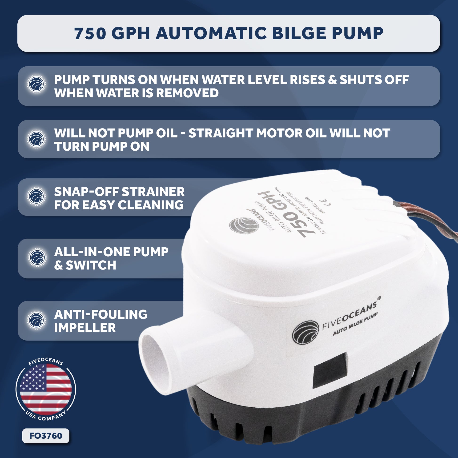 750 GPH / 2839 LPH Automatic Bilge Pump 12v, 3/4" (19mm) Interior Diameter Hose, 41" 18-Gauge Wire - FO3760 - Five Oceans