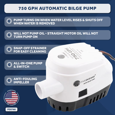 750 GPH / 2839 LPH Automatic Bilge Pump 12v, 3/4" (19mm) Interior Diameter Hose, 41" 18-Gauge Wire - FO3760 - Five Oceans