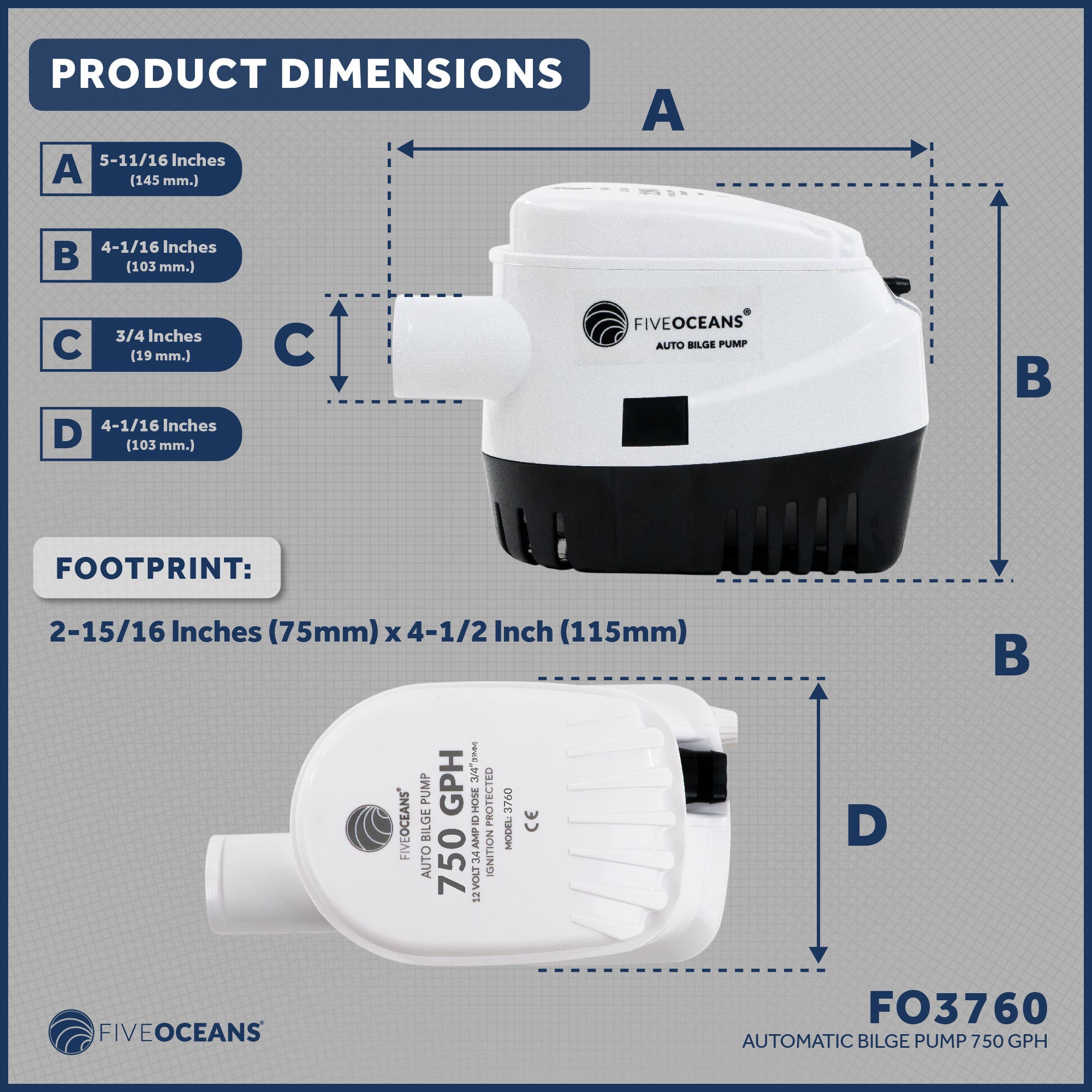 750 GPH / 2839 LPH Automatic Bilge Pump 12v, 3/4" (19mm) Interior Diameter Hose, 41" 18-Gauge Wire - FO3760 - Five Oceans