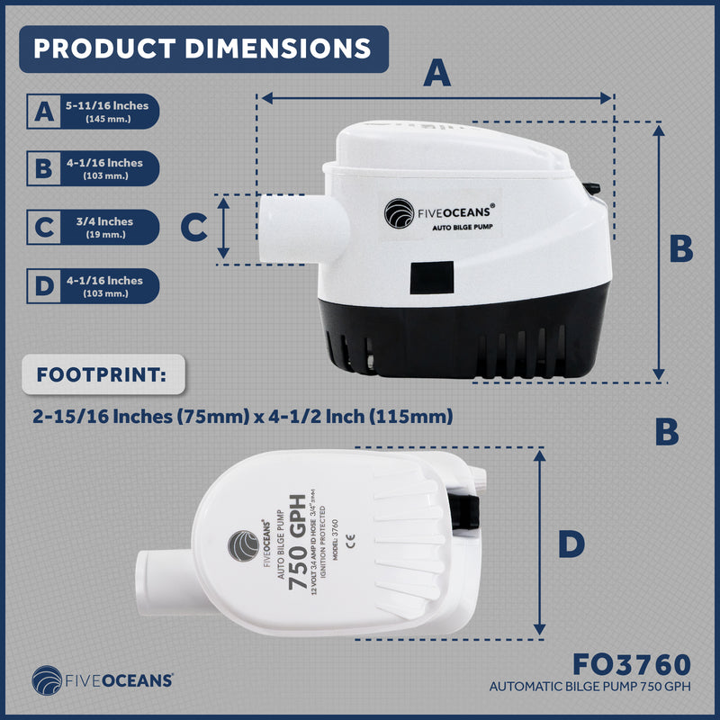 750 GPH / 2839 LPH Automatic Bilge Pump 12v, 3/4" (19mm) Interior Diameter Hose, 41" 18-Gauge Wire - FO3760 - Five Oceans