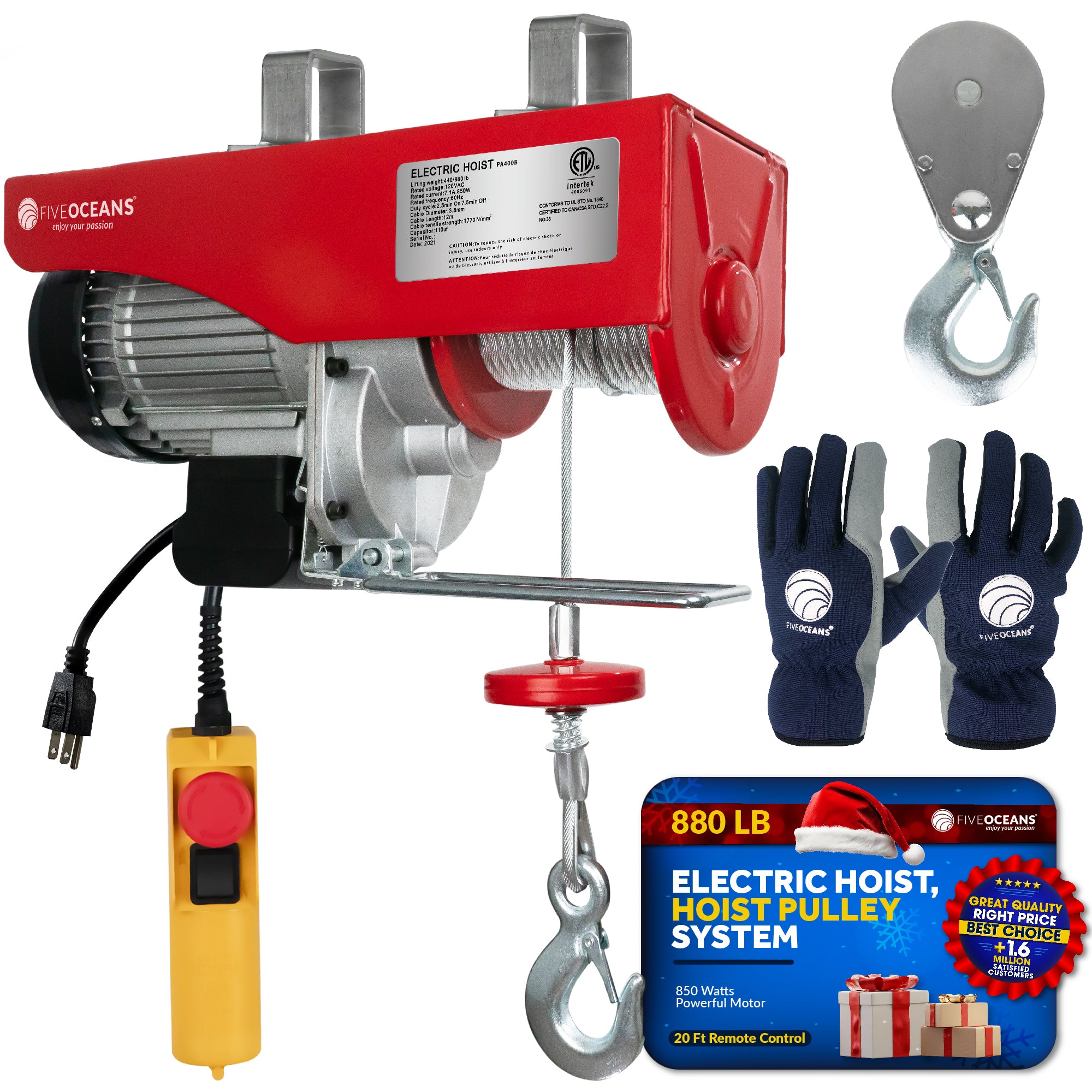 Electric Hoist, Hoist Pulley System, Pulley Hoist, 880 Lb Electric Winch 20FT Remote Control 120 V, Includes Working Gloves for Garage, Factory Lifting Emergency Stop Button - FO3781-C1 - Five Oceans