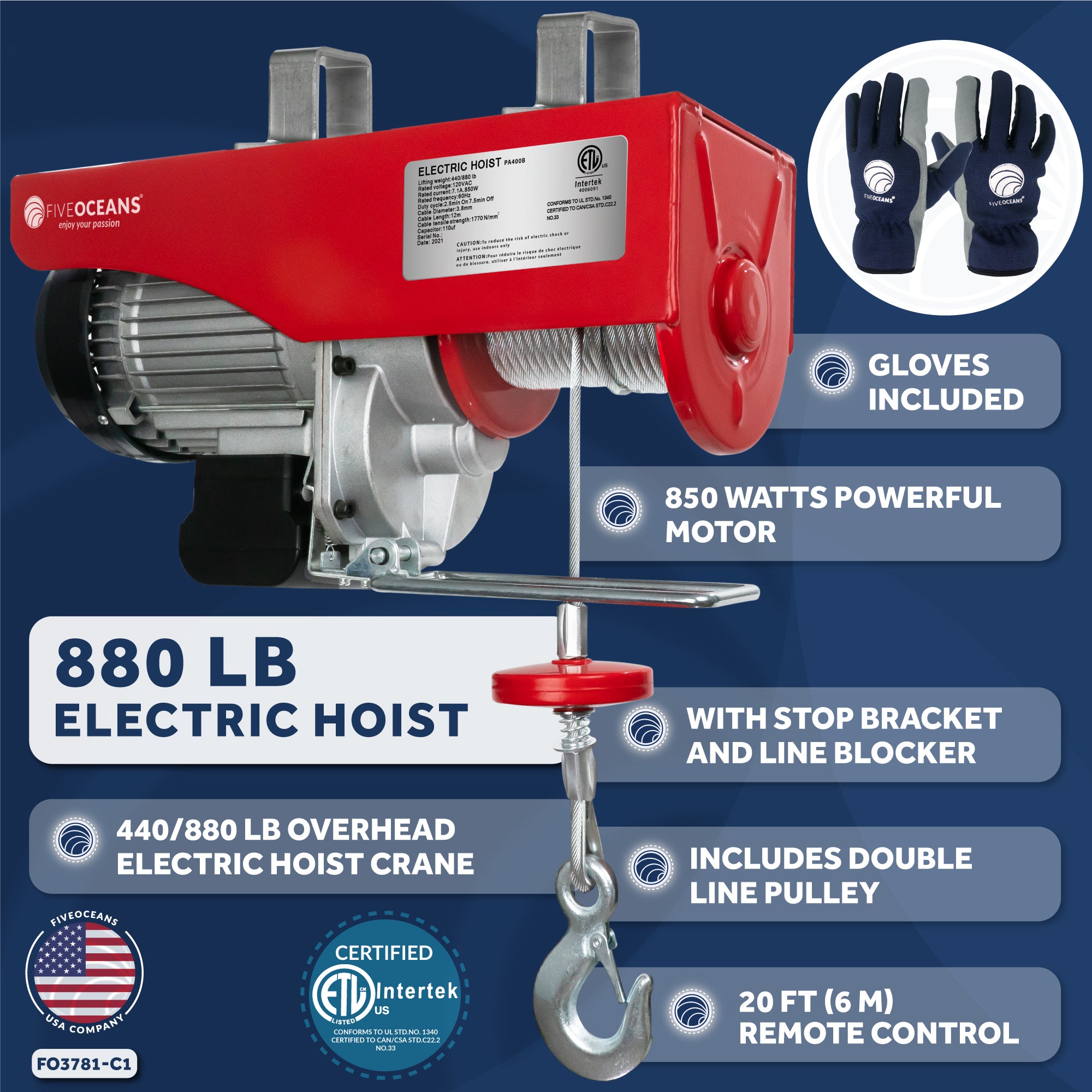 Electric Hoist, Hoist Pulley System, Pulley Hoist, 880 Lb Electric Winch 20FT Remote Control 120 V, Includes Working Gloves for Garage, Factory Lifting Emergency Stop Button - FO3781-C1 - Five Oceans
