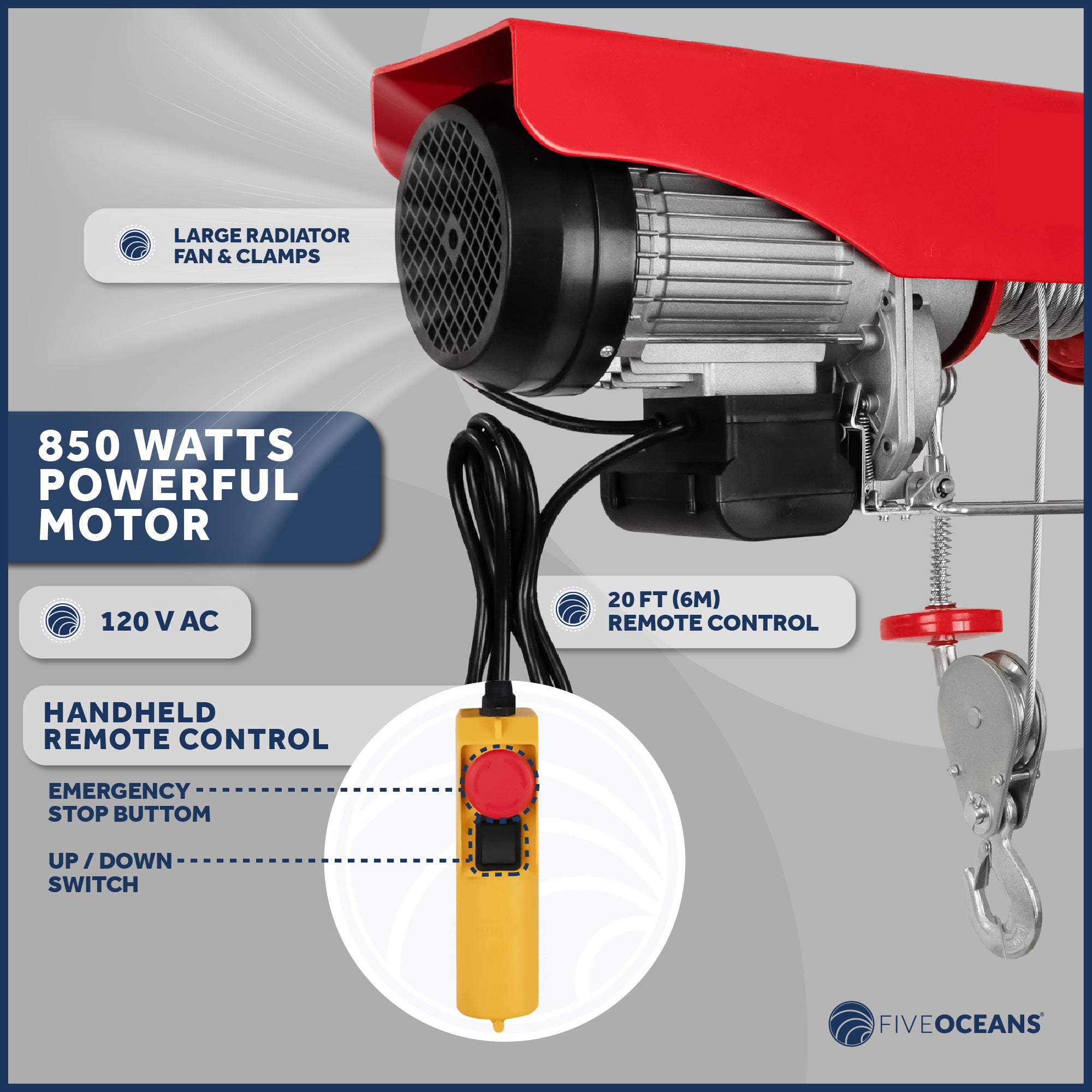 Electric Hoist, Hoist Pulley System, Pulley Hoist, 880 Lb Electric Winch 20FT Remote Control 120 V, Includes Working Gloves for Garage, Factory Lifting Emergency Stop Button - FO3781-C1 - Five Oceans