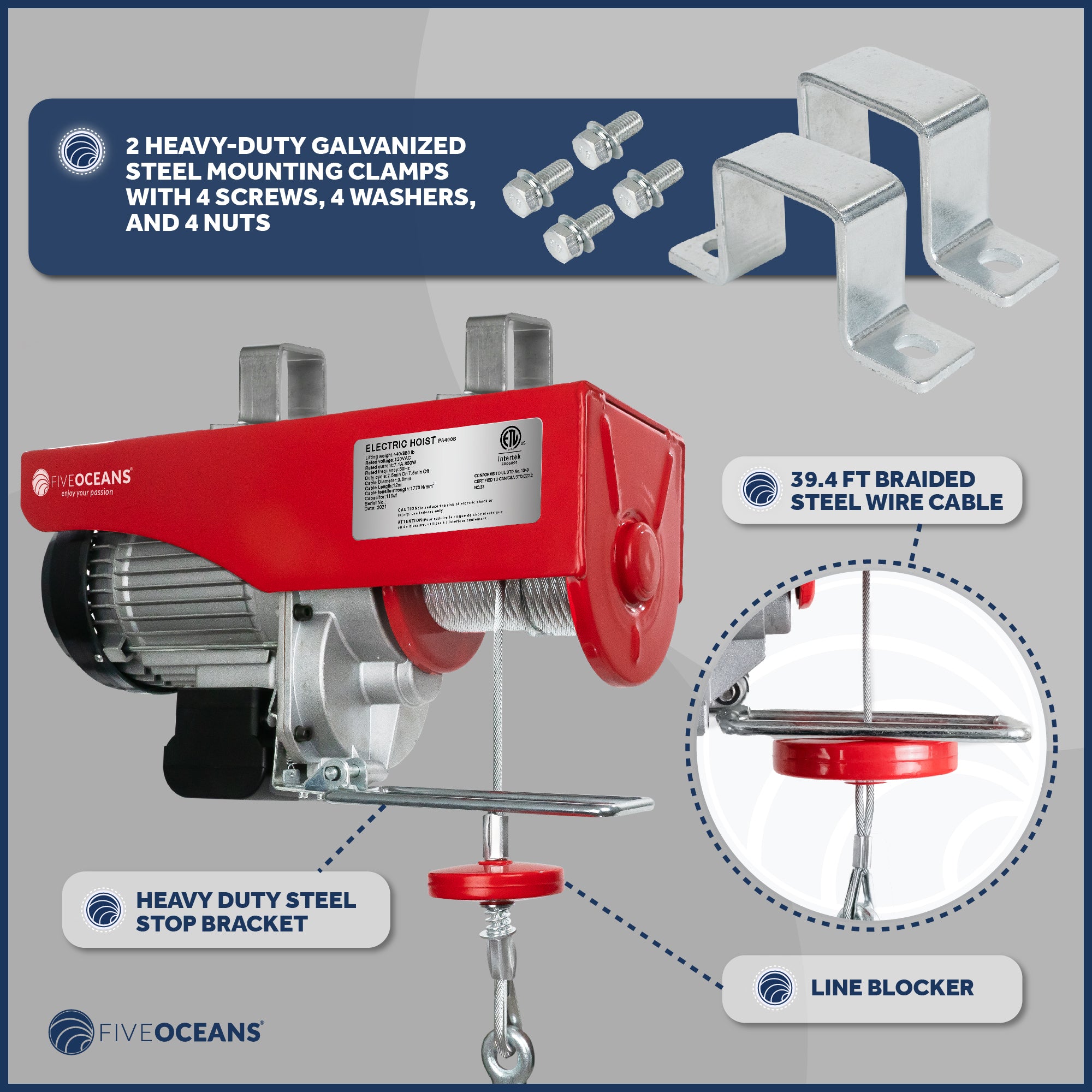 Electric Hoist, Hoist Pulley System, Pulley Hoist, 880 Lb Electric Winch 20FT Remote Control 120 V, Includes Working Gloves for Garage, Factory Lifting Emergency Stop Button - FO3781-C1 - Five Oceans