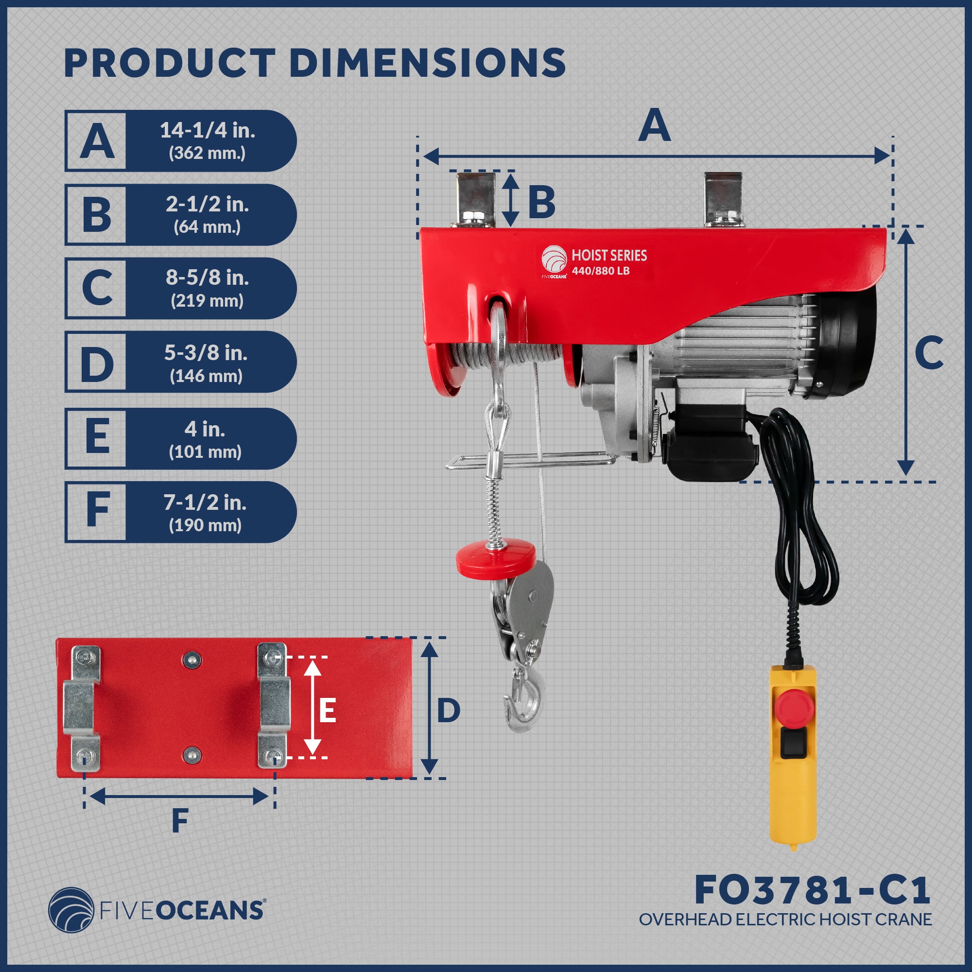Electric Hoist, Hoist Pulley System, Pulley Hoist, 880 Lb Electric Winch 20FT Remote Control 120 V, Includes Working Gloves for Garage, Factory Lifting Emergency Stop Button - FO3781-C1 - Five Oceans