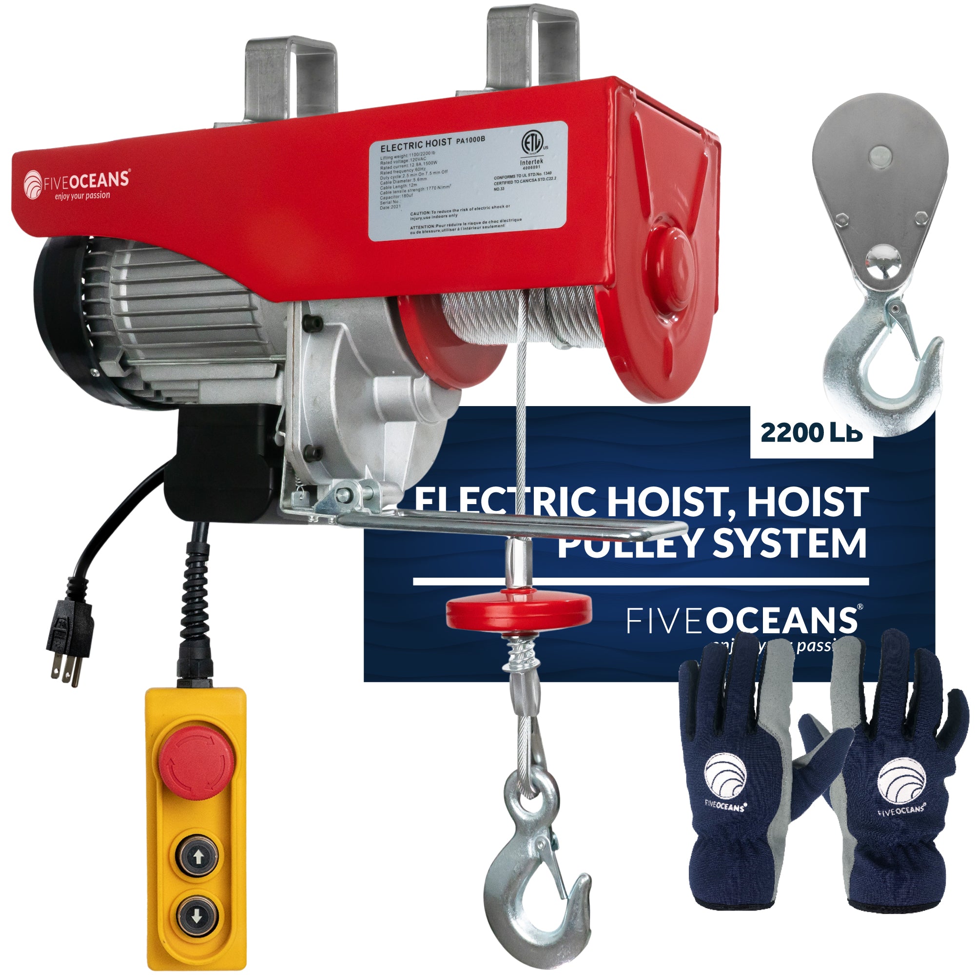 2200 LB Electric Overhead Hoist Lift Crane Ceiling Garage Pulley Winch with Zinc-Plated Steel Wire and Remote Control with Working Gloves, FO-3782-C1 - Five Oceans
