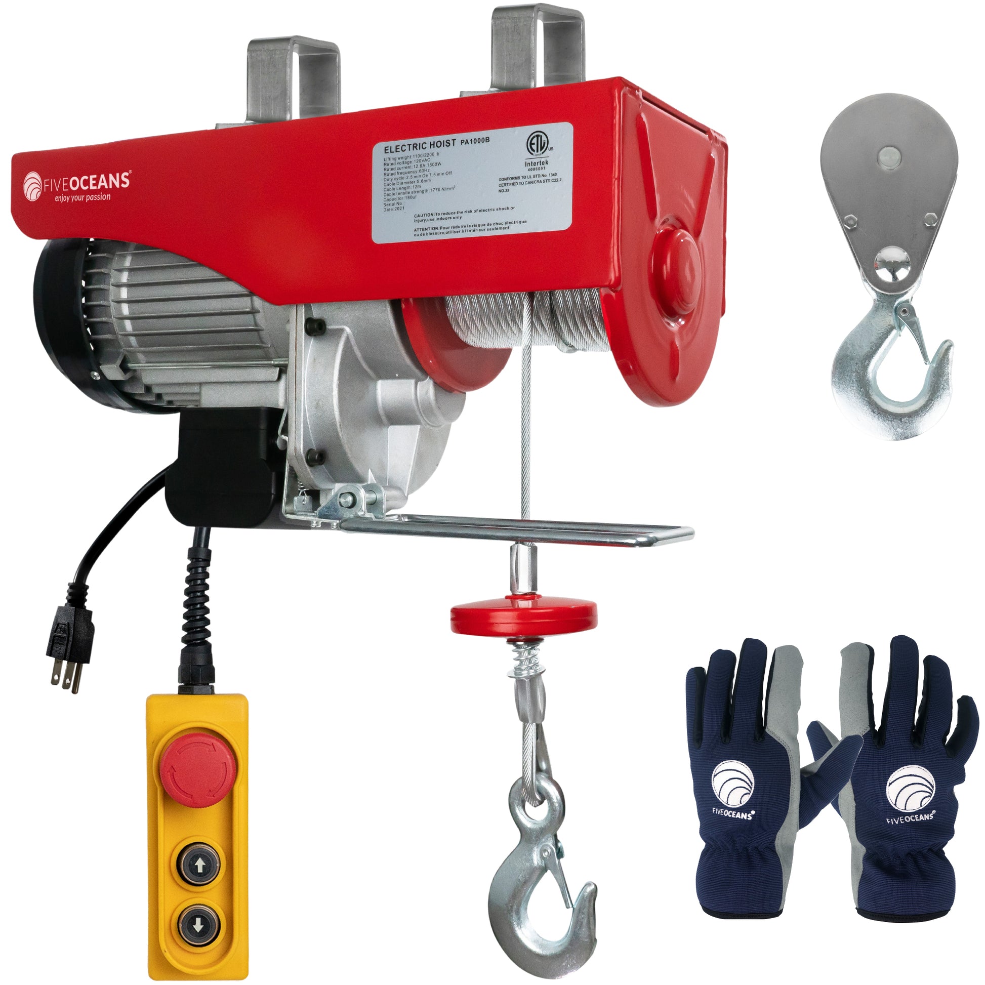 2200 Lb. Electric Hoist with 6Ft Cable Control & Working Gloves, 120V AC - FO-3782-C1 - Five Oceans