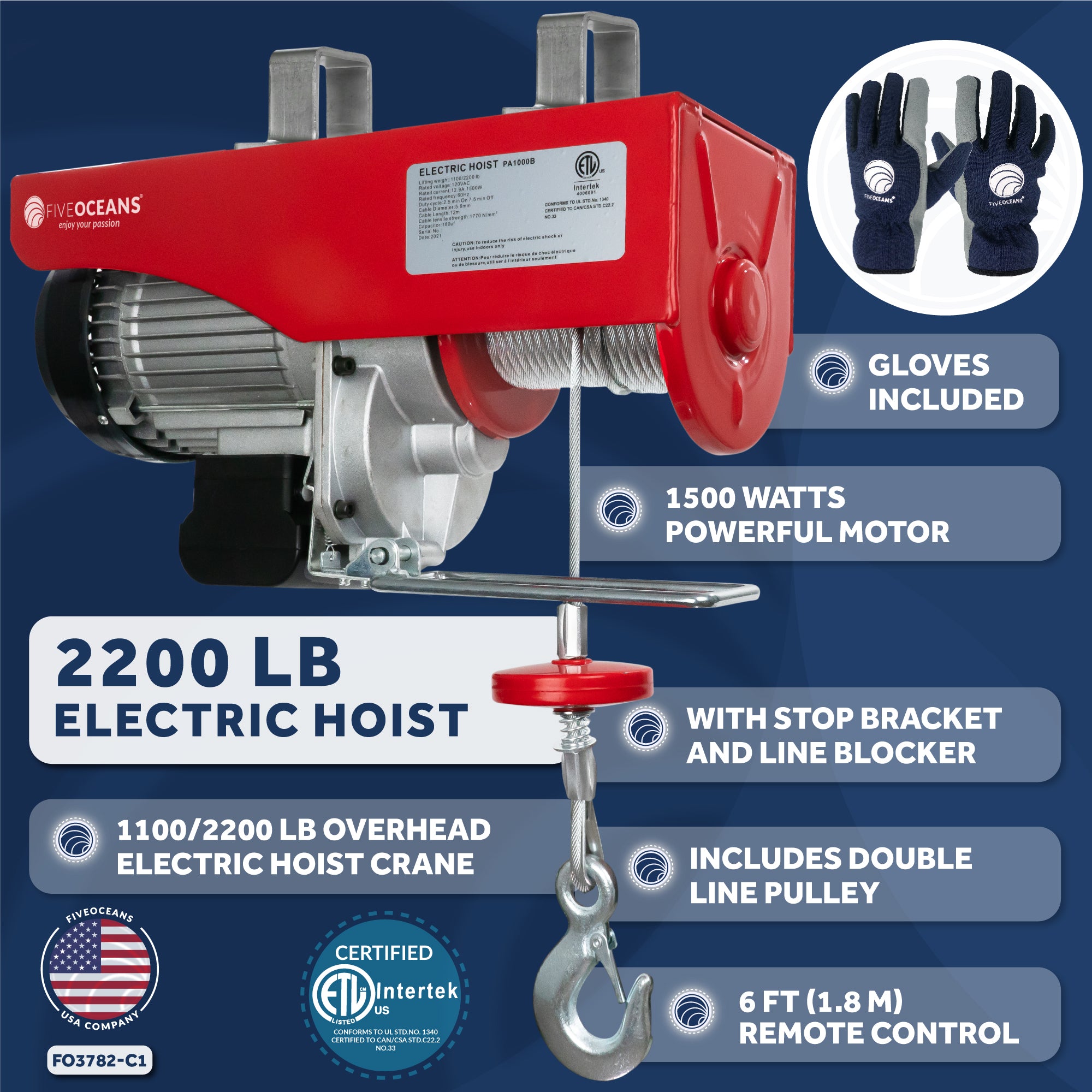 2200 LB Electric Overhead Hoist Lift Crane Ceiling Garage Pulley Winch with Zinc-Plated Steel Wire and Remote Control with Working Gloves, FO-3782-C1 - Five Oceans