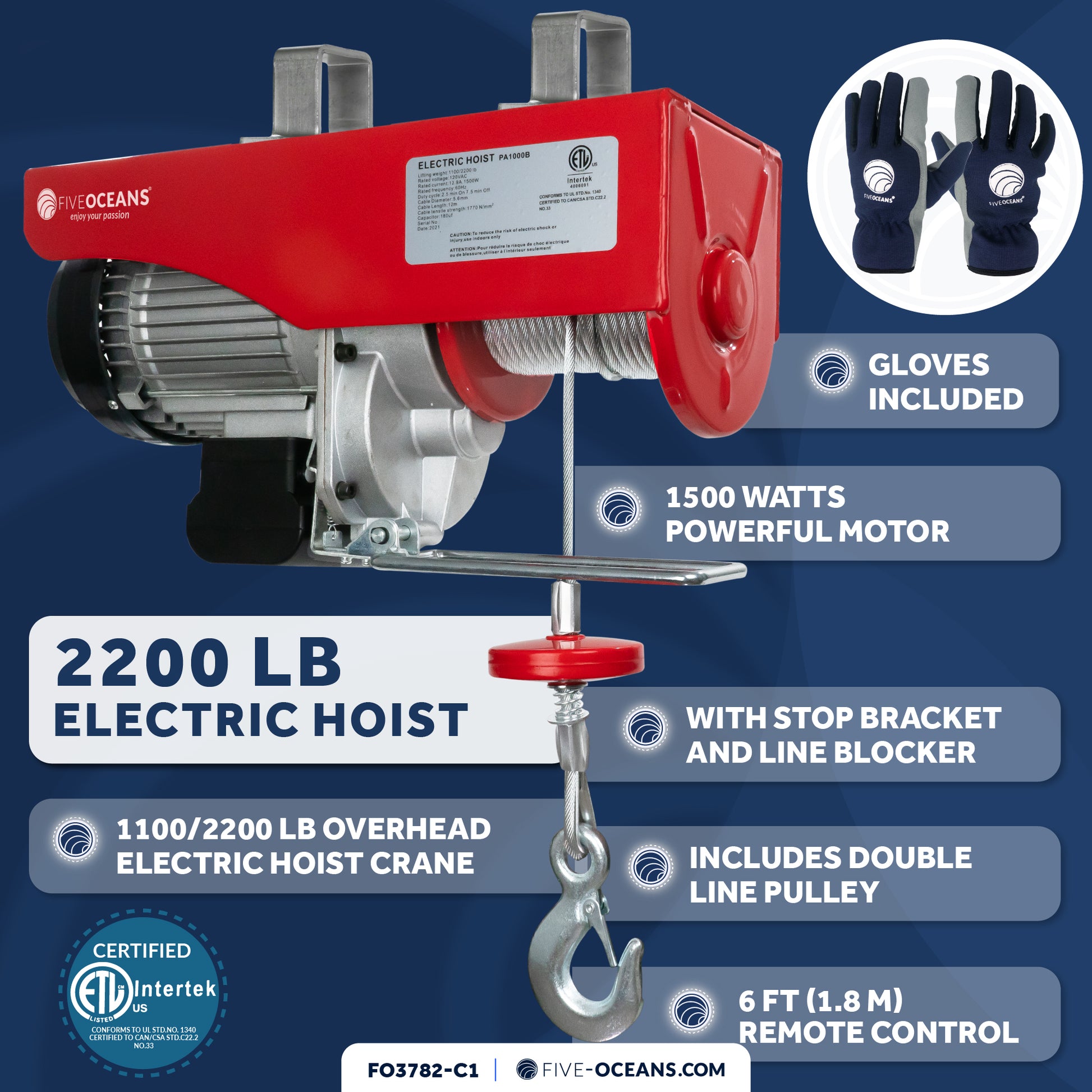 2200 Lb. Electric Hoist with 6Ft Cable Control & Working Gloves, 120V AC - FO-3782-C1 - Five Oceans