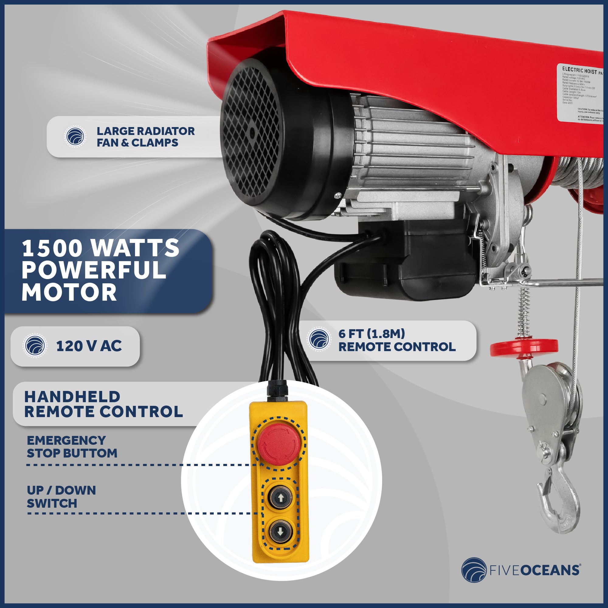 2200 LB Electric Overhead Hoist Lift Crane Ceiling Garage Pulley Winch with Zinc-Plated Steel Wire and Remote Control with Working Gloves, FO-3782-C1 - Five Oceans
