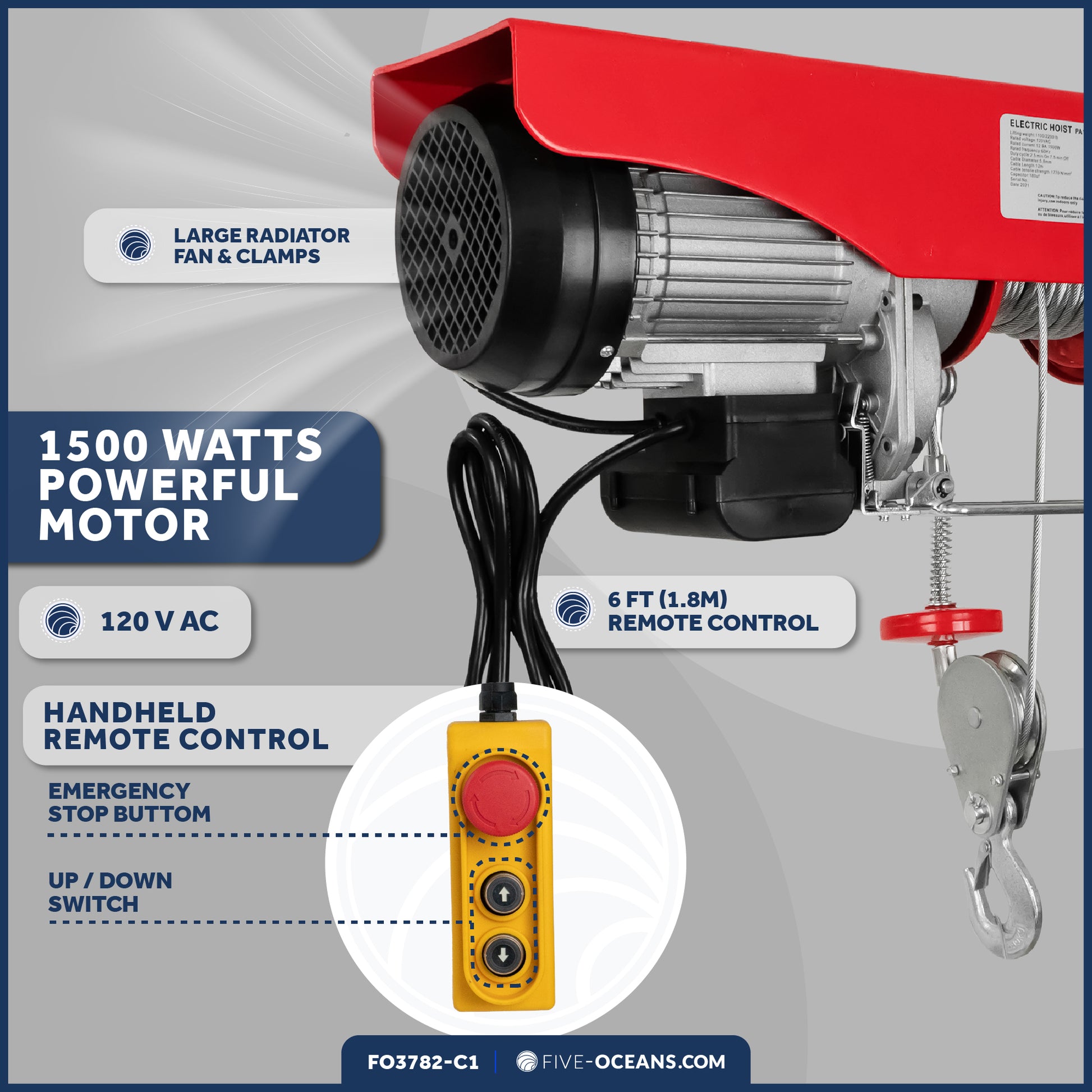 2200 Lb. Electric Hoist with 6Ft Cable Control & Working Gloves, 120V AC - FO-3782-C1 - Five Oceans
