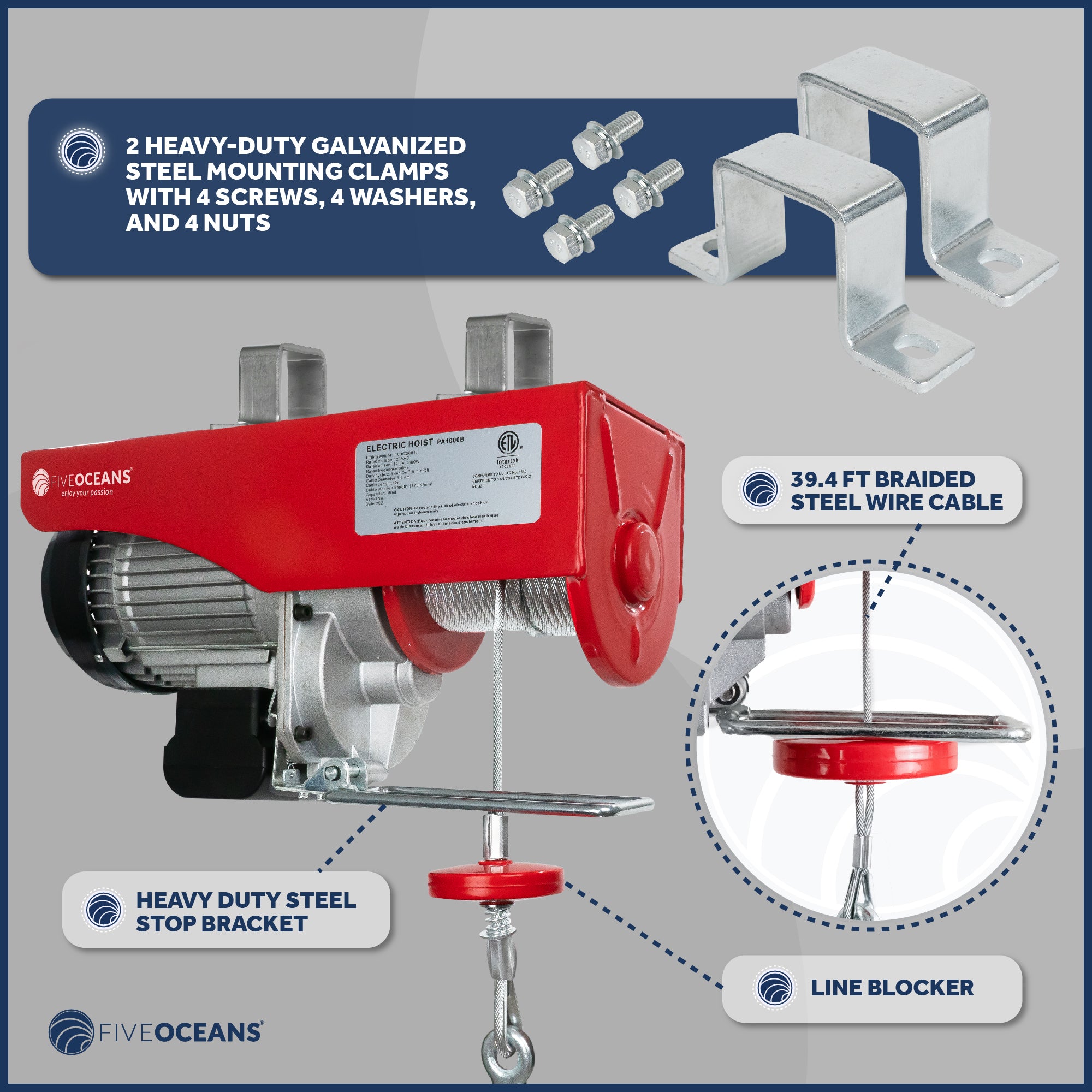 2200 LB Electric Overhead Hoist Lift Crane Ceiling Garage Pulley Winch with Zinc-Plated Steel Wire and Remote Control with Working Gloves, FO-3782-C1 - Five Oceans