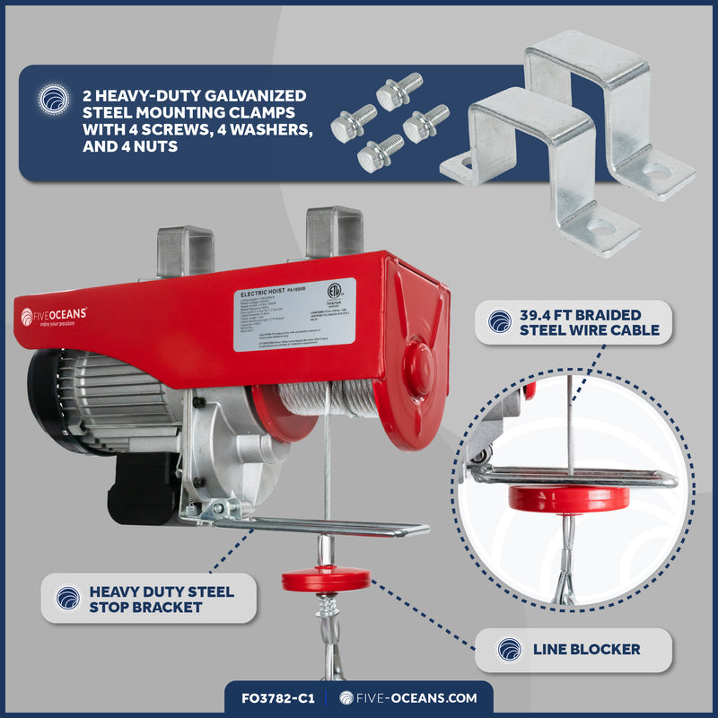 2200 Lb. Electric Hoist with 6Ft Cable Control & Working Gloves, 120V AC - FO-3782-C1 - Five Oceans