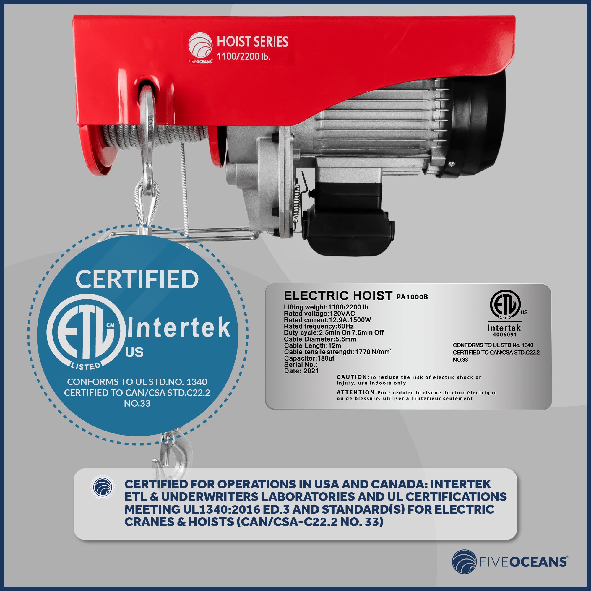 2200 LB Electric Overhead Hoist Lift Crane Ceiling Garage Pulley Winch with Zinc-Plated Steel Wire and Remote Control with Working Gloves, FO-3782-C1 - Five Oceans