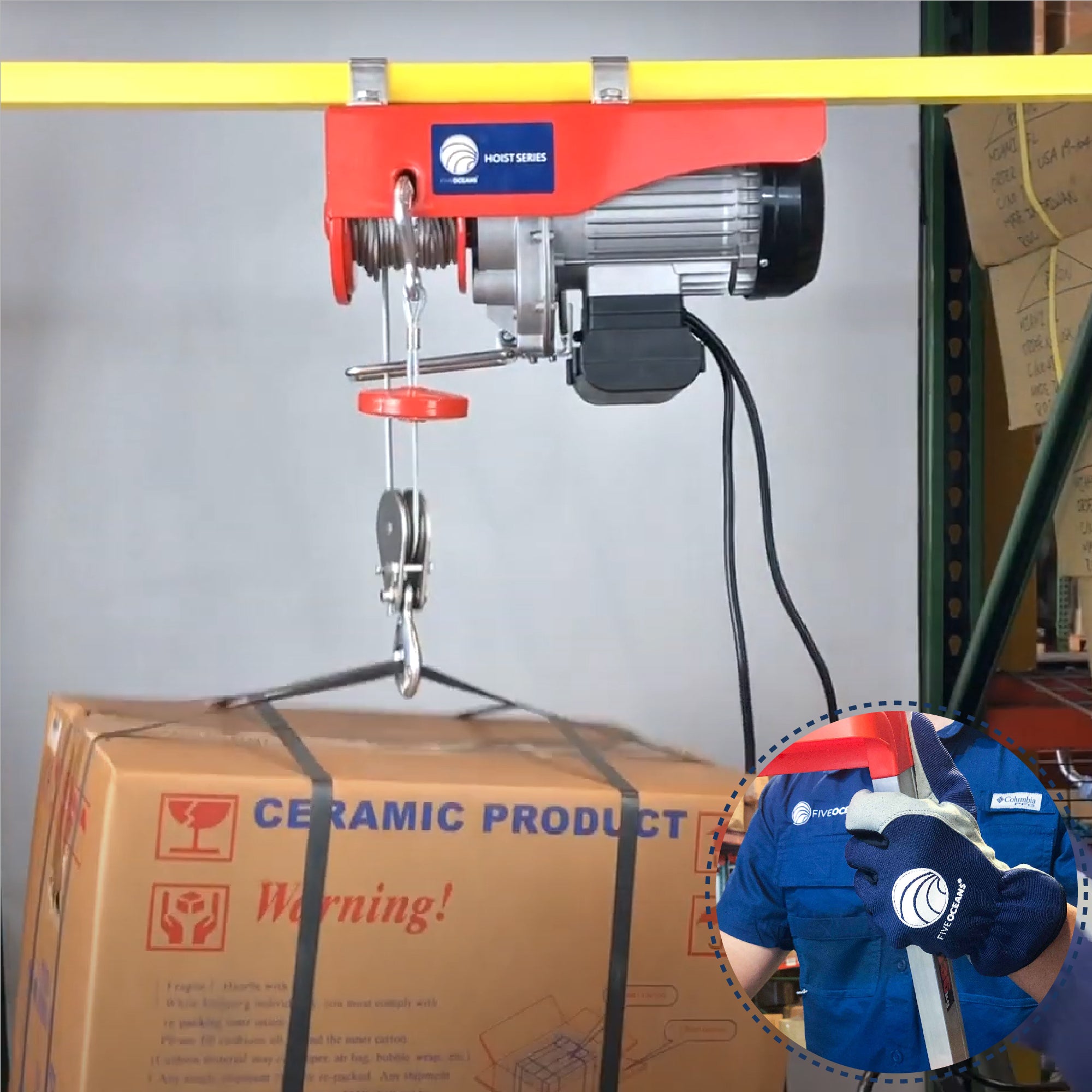 2200 LB Electric Overhead Hoist Lift Crane Ceiling Garage Pulley Winch with Zinc-Plated Steel Wire and Remote Control with Working Gloves, FO-3782-C1 - Five Oceans