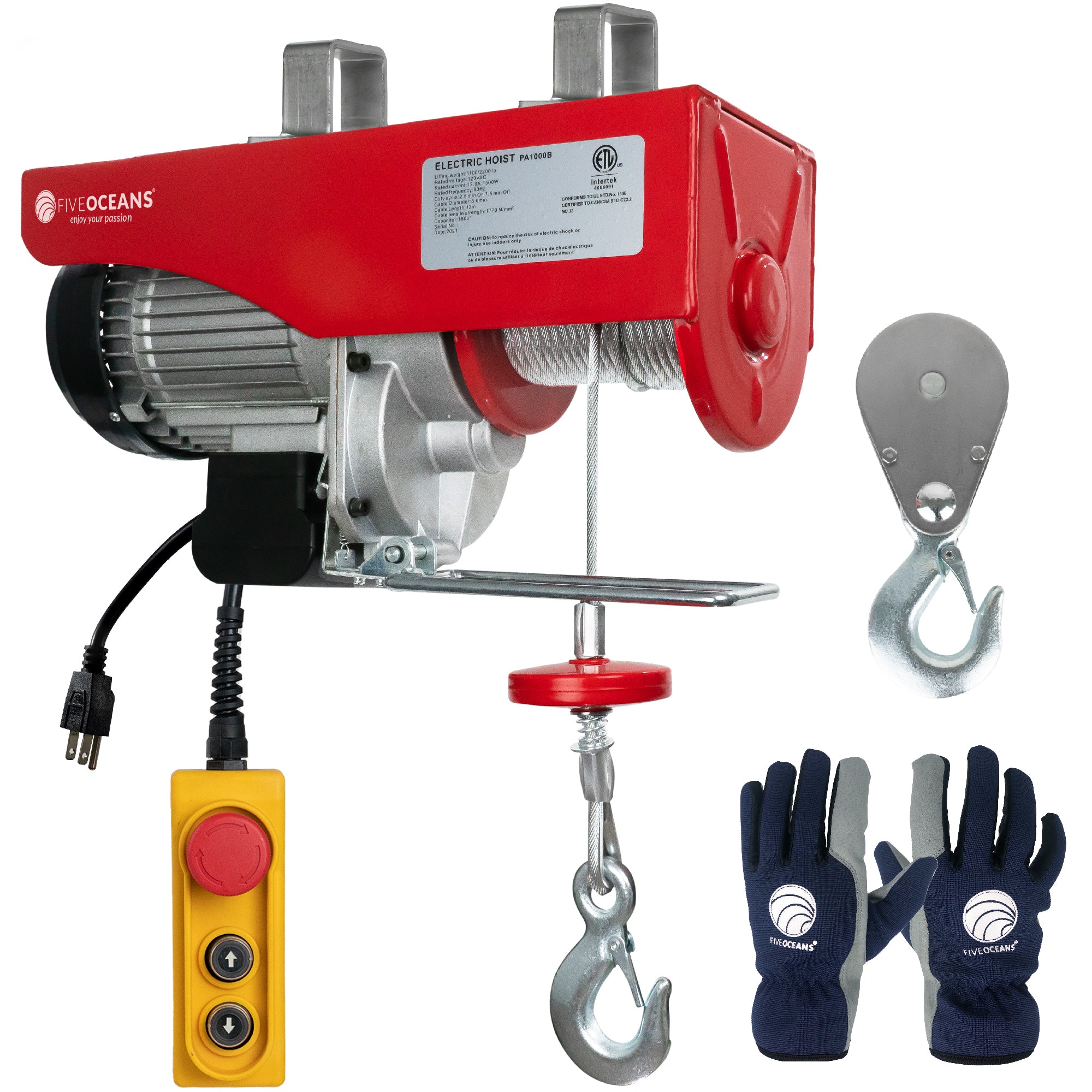 2200 LB Electric Overhead Hoist Lift Crane Ceiling Garage Pulley Winch with Zinc-Plated Steel Wire and Remote Control with Working Gloves, FO-3782-C1 - Five Oceans