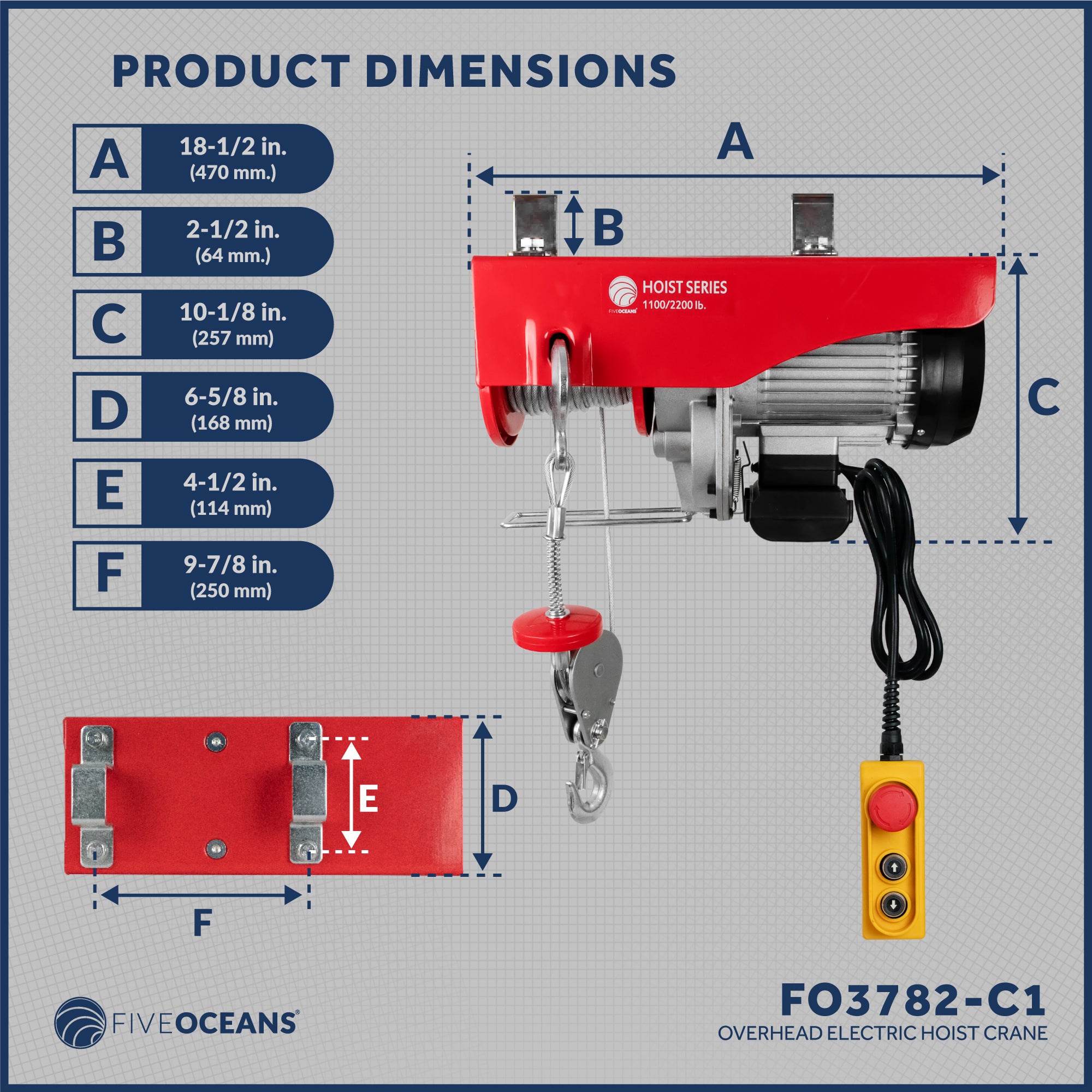 2200 LB Electric Overhead Hoist Lift Crane Ceiling Garage Pulley Winch with Zinc-Plated Steel Wire and Remote Control with Working Gloves, FO-3782-C1 - Five Oceans