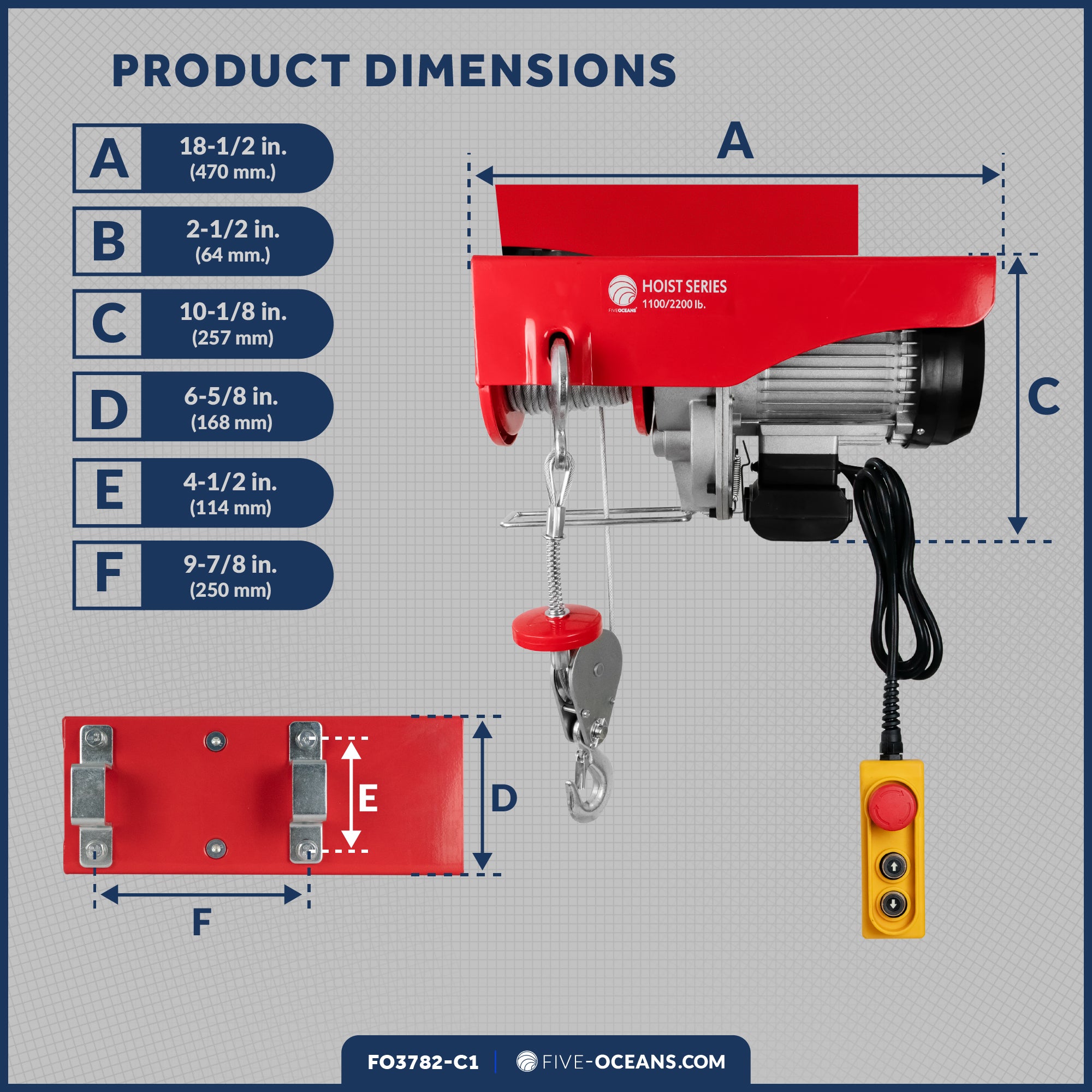 2200 Lb. Electric Hoist with 6Ft Cable Control & Working Gloves, 120V AC - FO-3782-C1 - Five Oceans