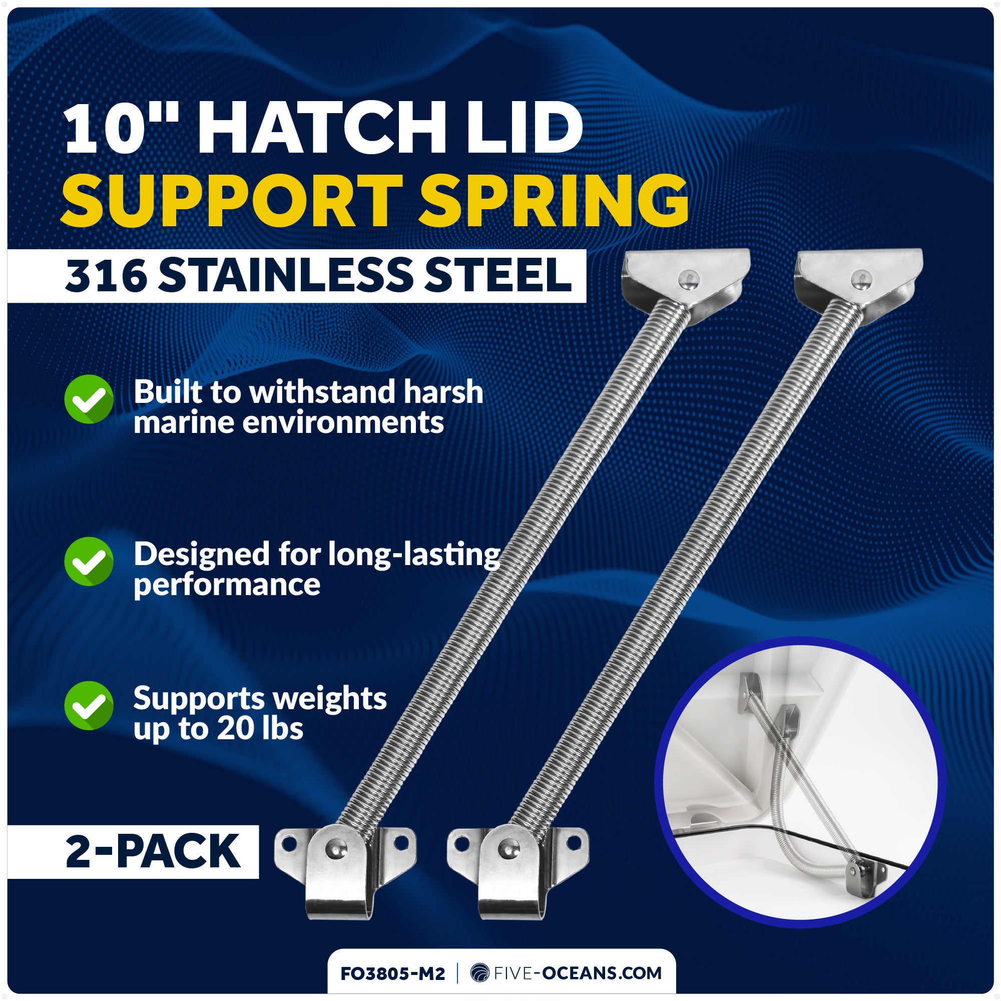 10" Hatch Lid Support Spring Holder, Stainless Steel, 2-Pack - FO3805-M2 - Five Oceans