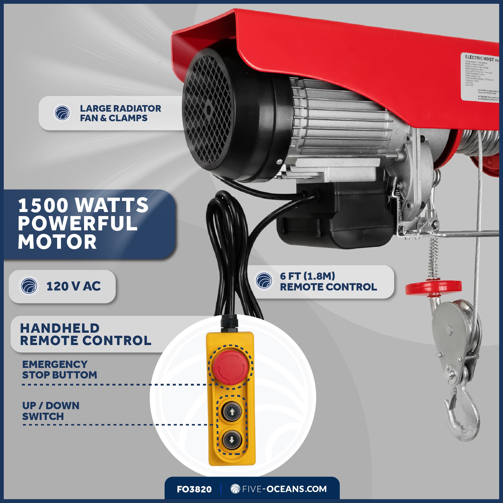 2200 Lb. Electric Hoist with 6Ft Cable Control, 120V AC - FO3820 - Five Oceans